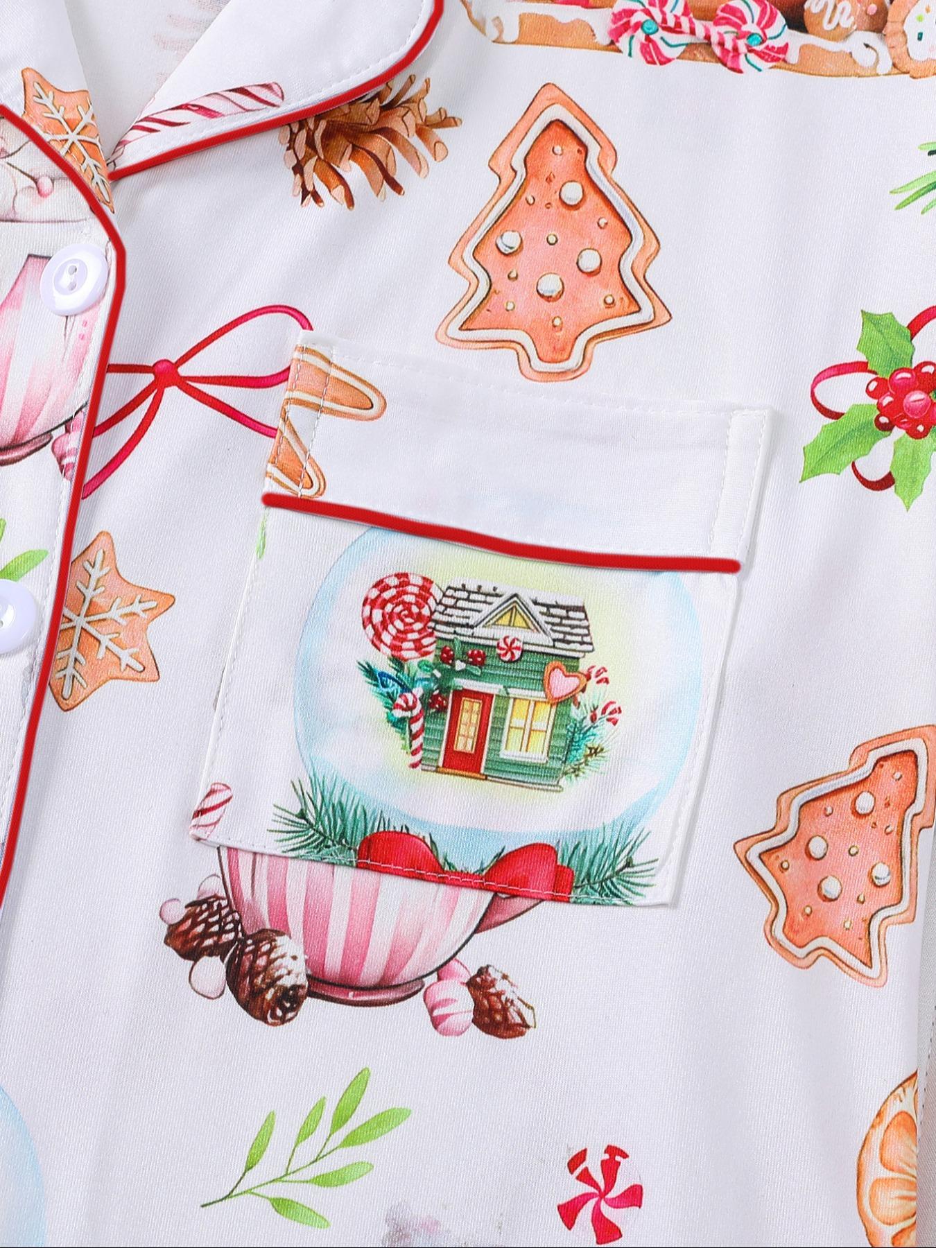 【Christmas Pyjamas】Women's Set, Watercolor Gingerbread Print, Short Sleeve Button Front Top & Elastic Shorts, Casual Home Wear, Loungewear