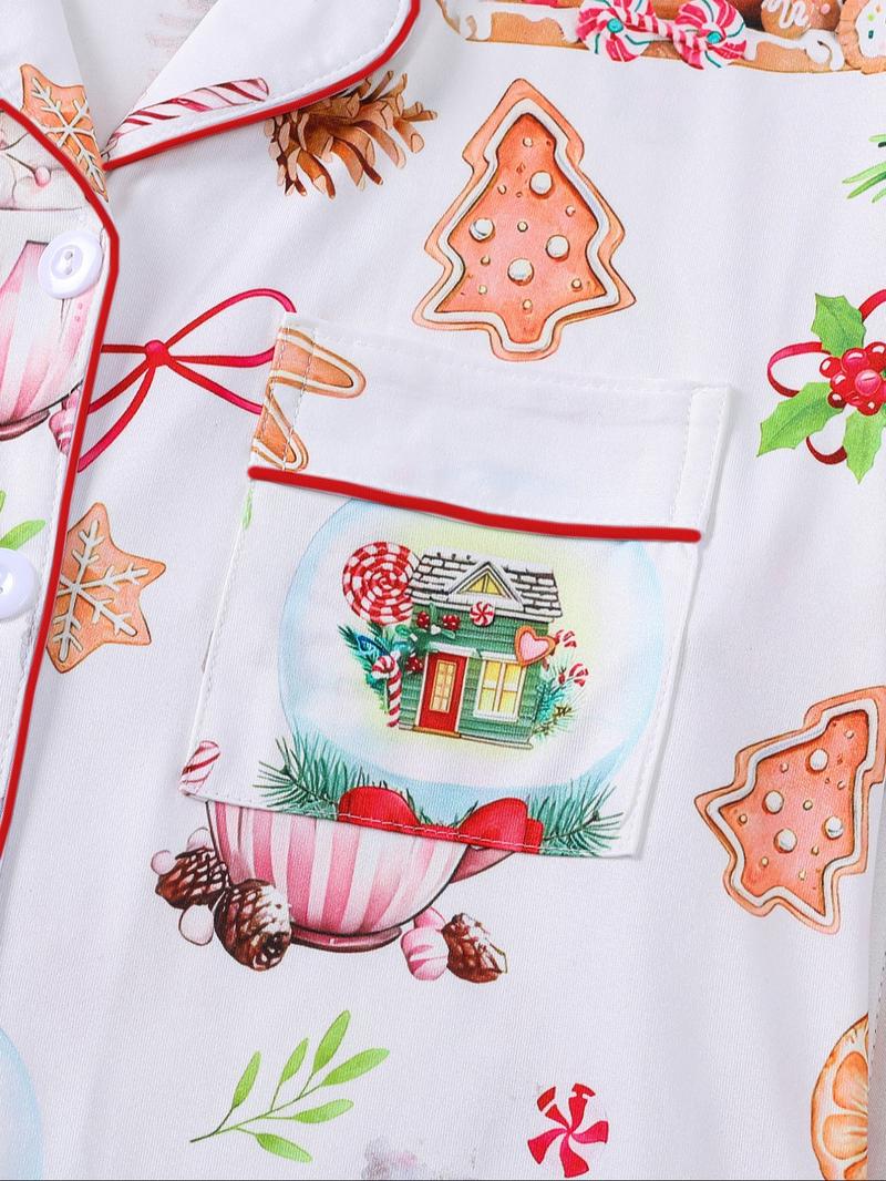 【Christmas Pyjamas】Women's Set, Watercolor Gingerbread Print, Short Sleeve Button Front Top & Elastic Shorts, Casual Home Wear, Loungewear