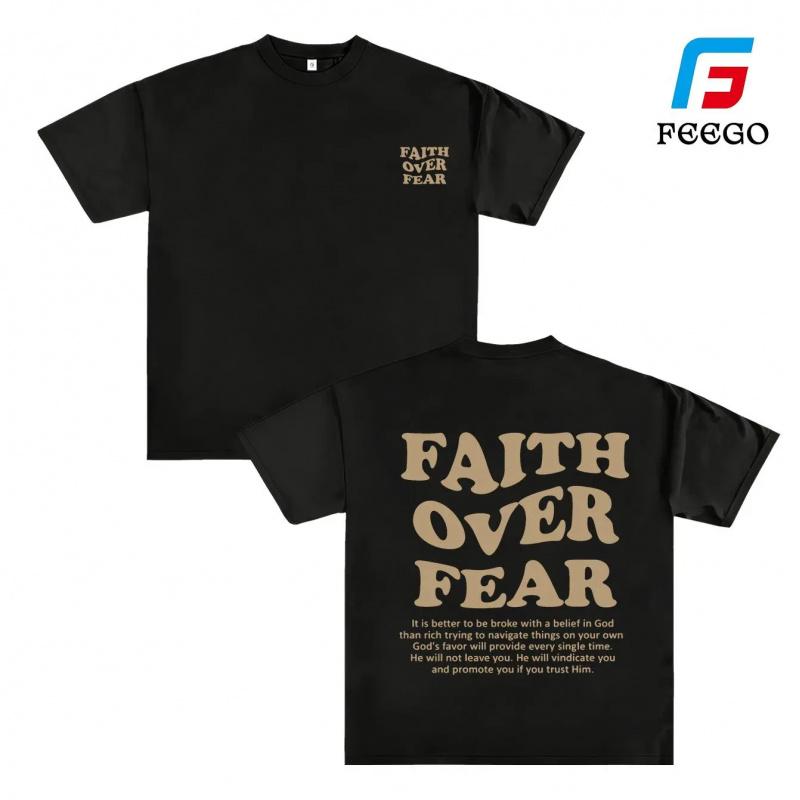 FEEGO Faith Over Fear leisure T-shirt vintage washed street interlocking letters  T-shirt Unisex T-shirt made from old black wind streetwear, drop shoulder sleeves round neck top short sleeves