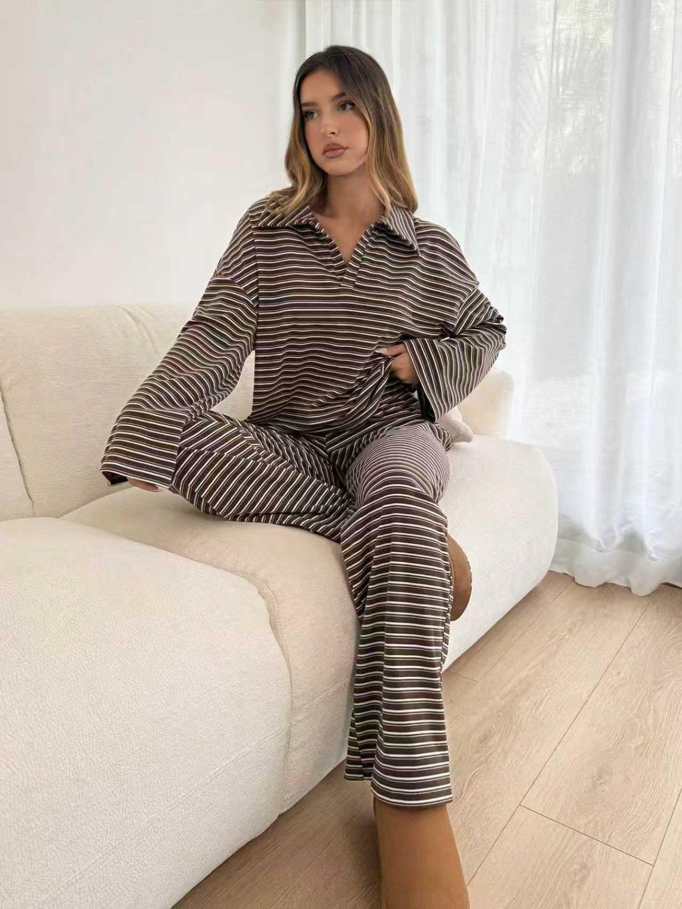 Korean Lazy Style Striped Two-Piece Set for Women, Turn-Down Collar V Neck Loose Bell Sleeve Top + High-Waisted Wide Leg Pants, Casual Home Wear Loungewear Set