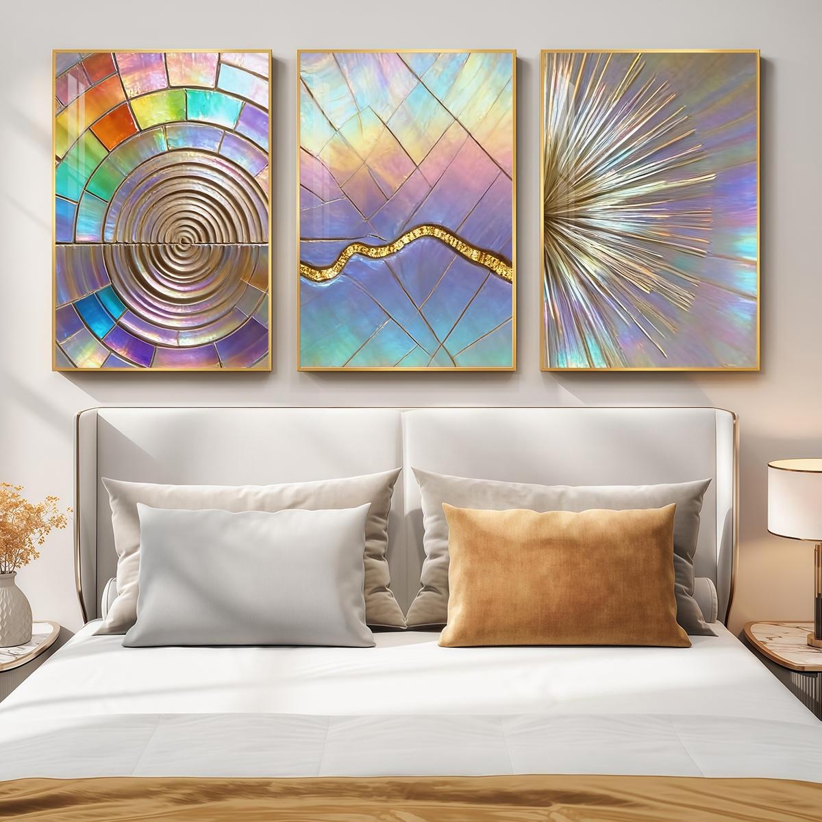 3 Counts Aluminum Alloy Framed Painting, Iridescent Abstract Geometric Art, Home Decoration For Living Room, Bedroom, Office, Restaurant, Hallway Wall Decor, Odorless Print Artwork, Luxury Perfect Gift For Friends And Family