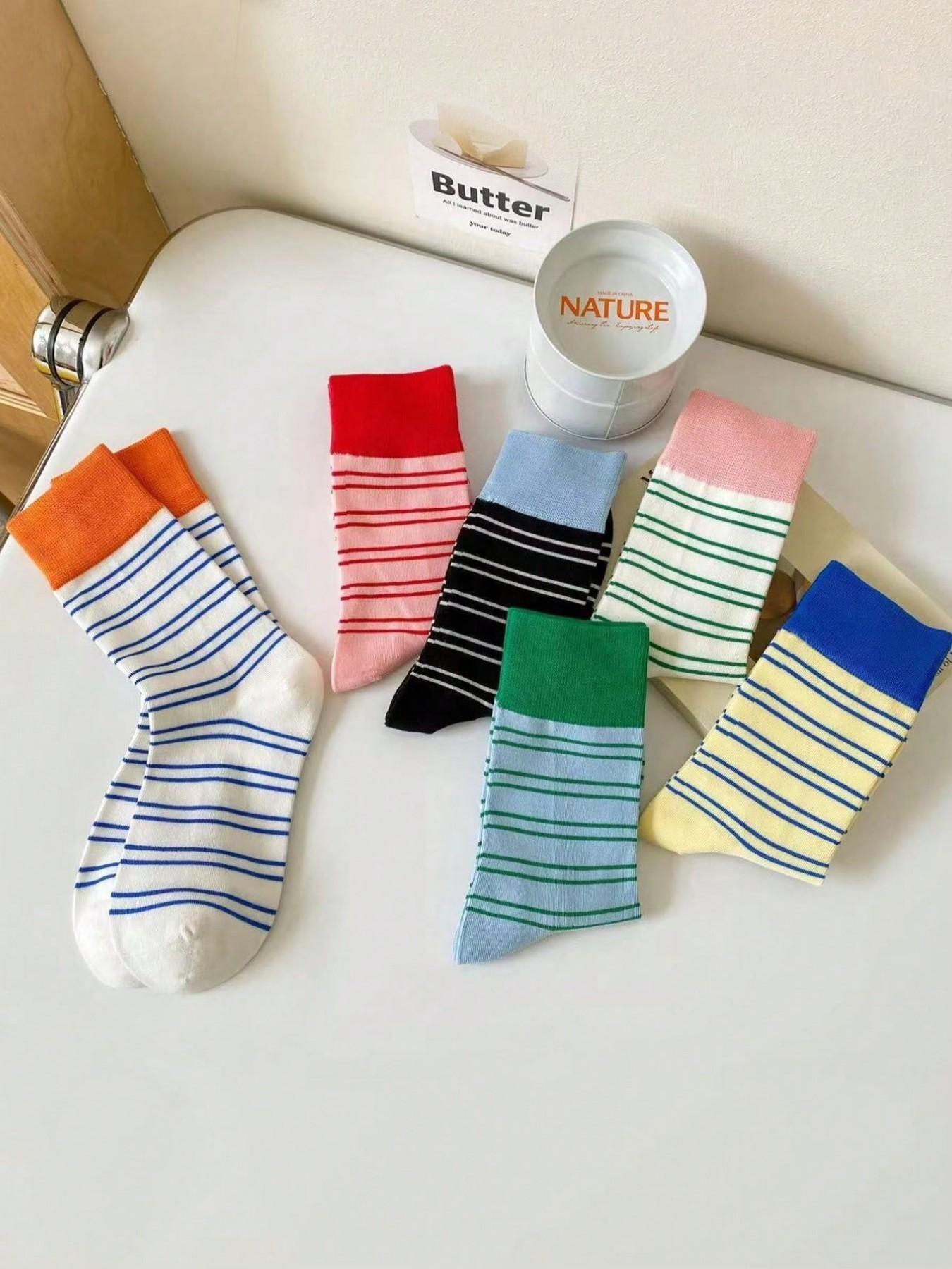 Women's 6 Pairs Colorblock Striped Crew Socks, Casual Fitted Design, Soft Comfortable Daily Wear, Perfect for All Seasons