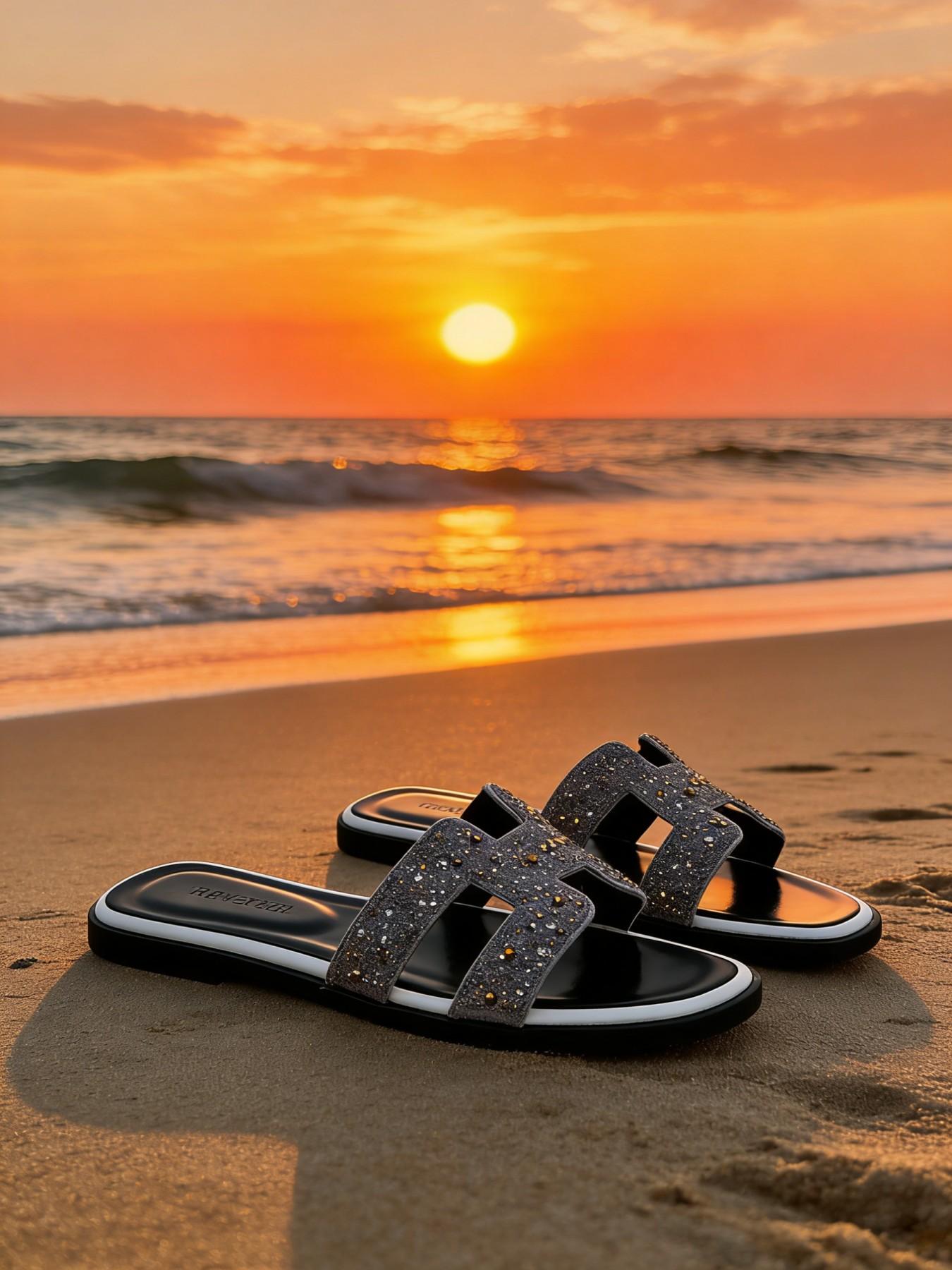 Women's Summer Fashion Sandals, 333-1 Diamond Design, Flat Sole, Textile Upper, Rubber Sole, Ideal for Beach & Travel