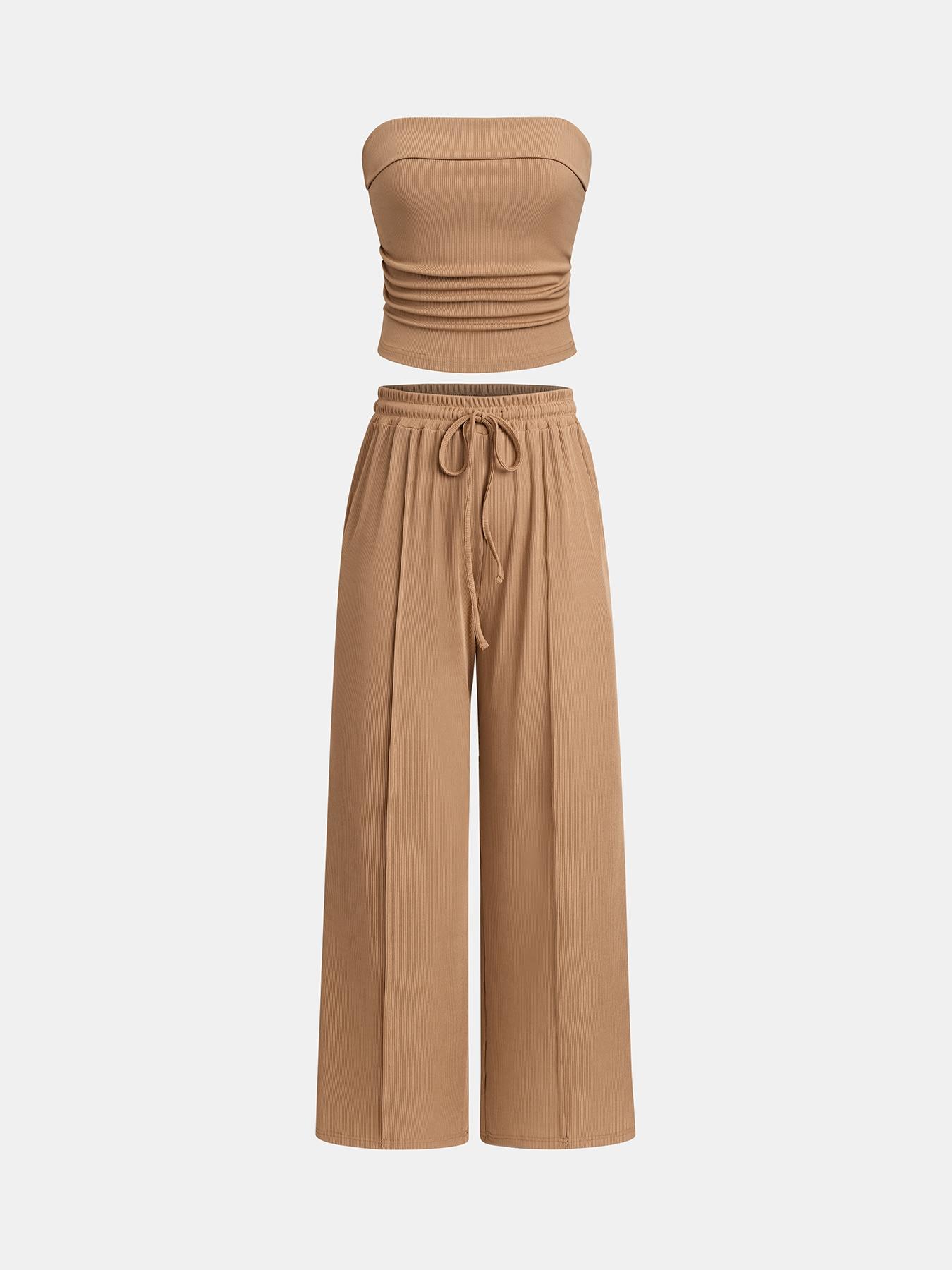 Womens Summer Outfits 2 Piece Sets Casual Clothes Ribbed Knit Crop Tube Top Wide Leg Pants Spring Matching Lounge Set