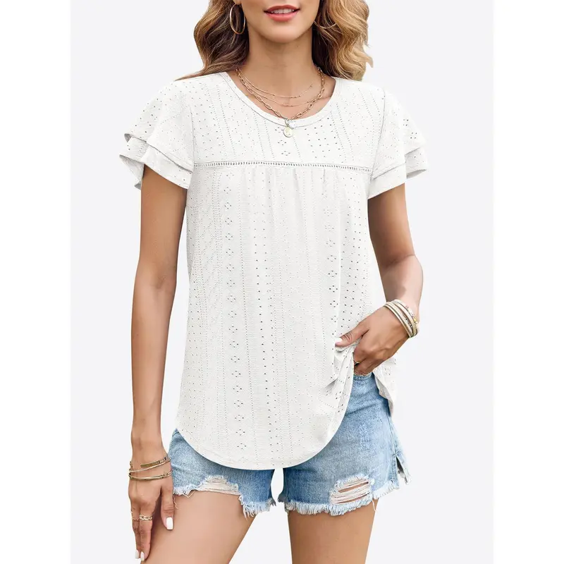 Women's 2025 Cute Crew Neck Babydoll Tops - Summer Short Sleeve Eyelet Ruffle Breezy Hollowouts Casual Blouse, Lightweight Soft Knitted Fabric, S-2XL Black Sohochic