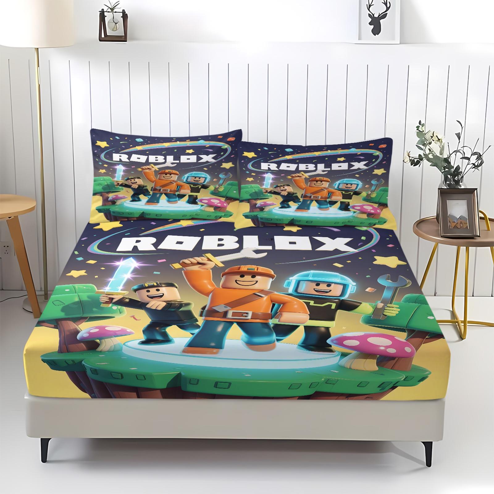 3-Piece Roblox Pattern Bed Sheet with Comfortable Printed Pattern, Includes 1 Bed Sheet and 2 Pillowcases, Comfortable Bedding, Non Slip Dust Cover Suitable for Bedroom and Guest Room, Bedding Set