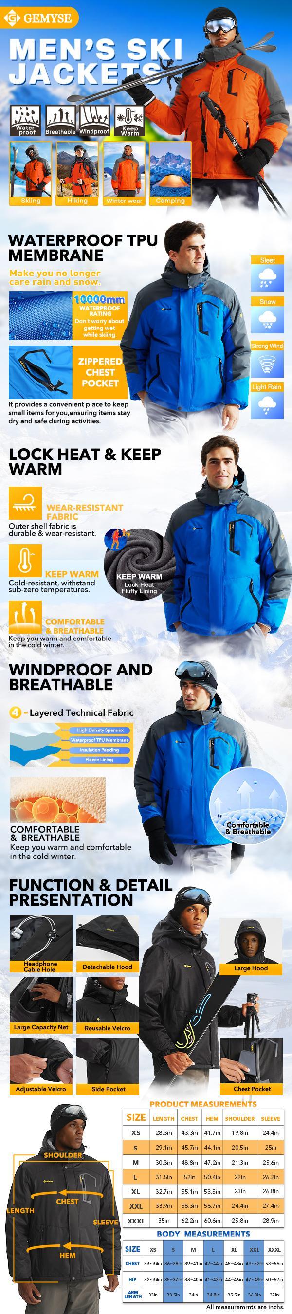 GEMYSE Men's Mountain Waterproof Ski Snow Jacket Winter Windproof Rain polo pufferjacket Men's Waterproof winter coat