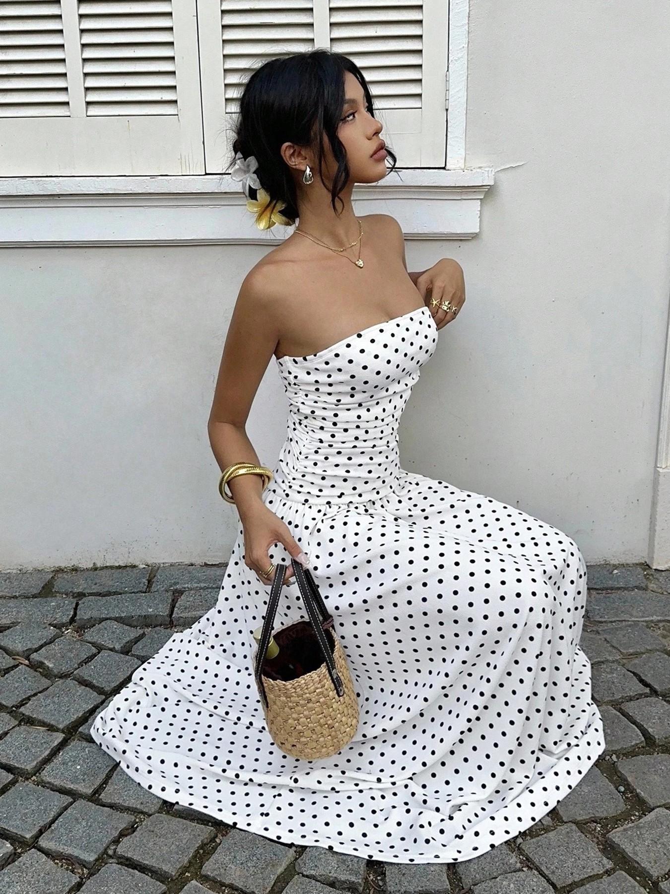 Women's Polka Dot Strapless Dress, Elegant Sleeveless Swing Flowy Maxi Dress, Spring & Summer Fitted Knit A-Type Dress