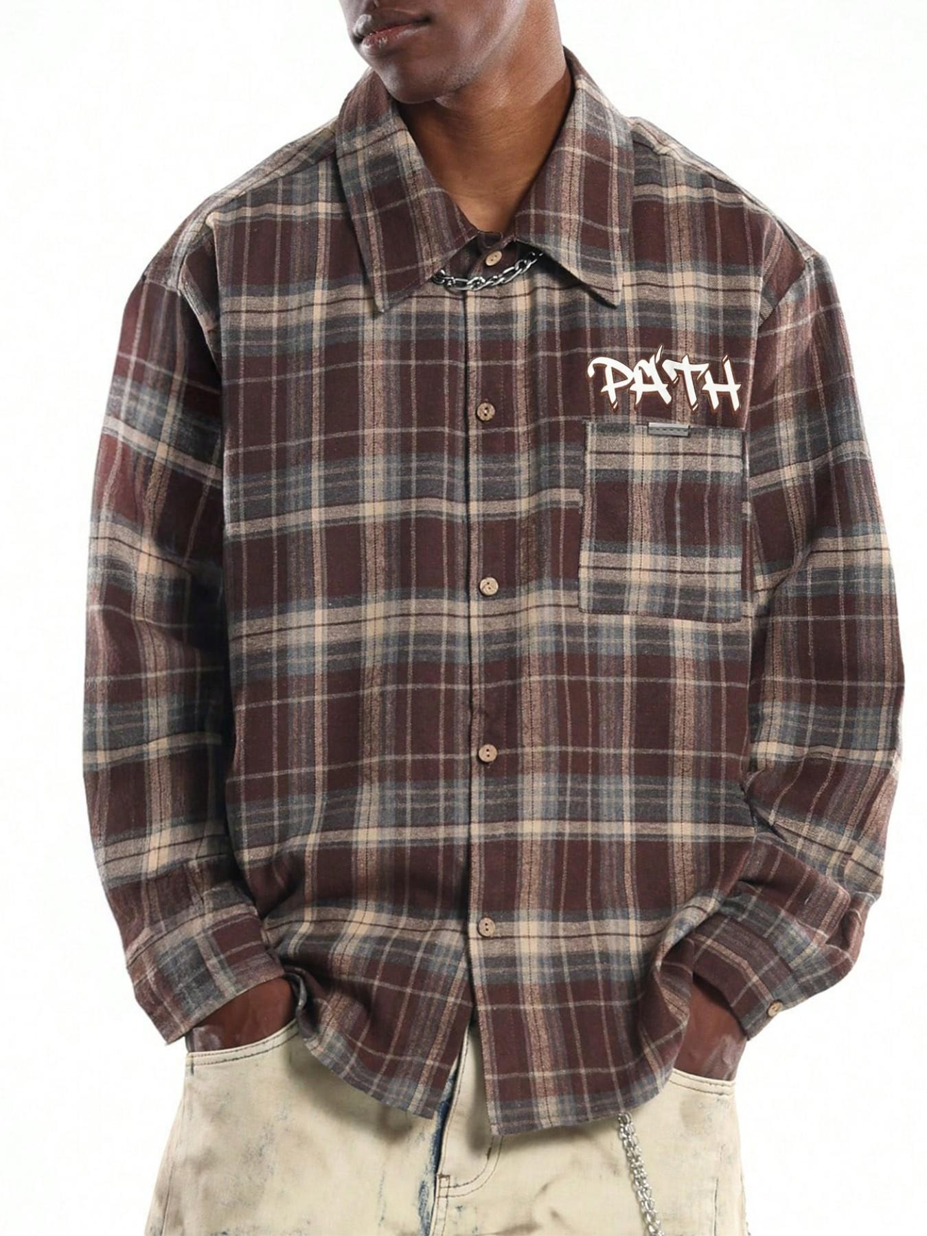 Long Sleeve Plaid Shacket | Bold Back Graffiti Slogan Printing, Drop Shoulder Baggy Top For Young Guys Urban Street Style & Casual Outdoor Wear, Printed Shirts