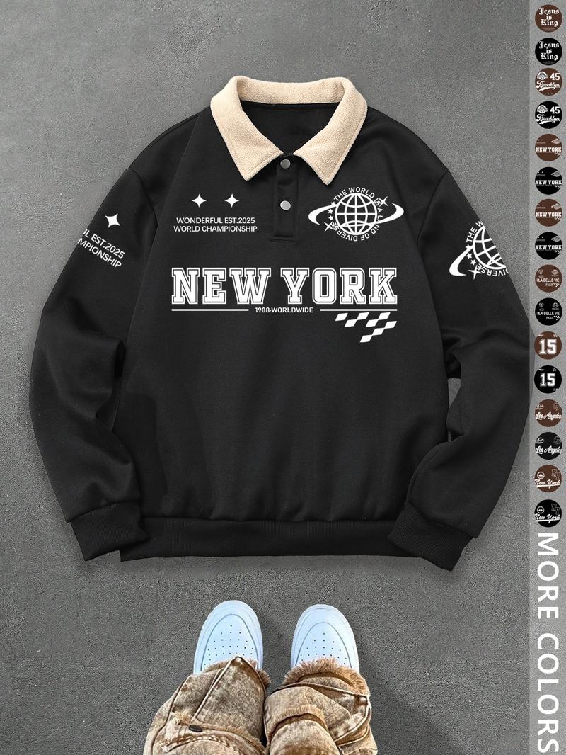 Unisex Y2K Style New York Letter Print Polo Sweatshirt, Thick Retro British Aesthetic Lamb Wool Collar Pullover for Streetwear Casual Wear
