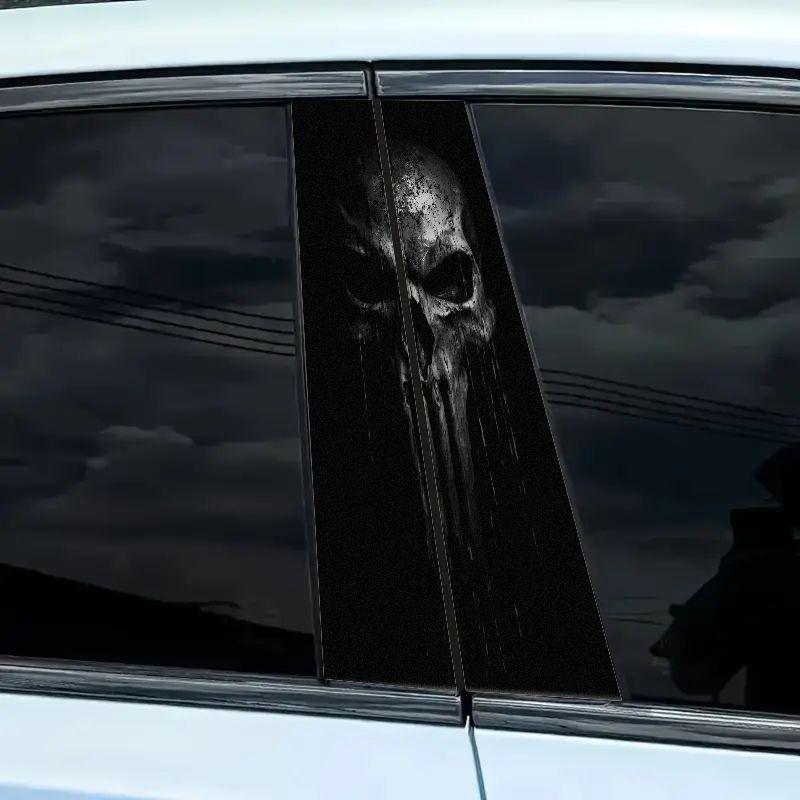 Punisher Skull B Pillar Sticker, Deep and Weathered Design, Cracked Splash Effect, Vertical Drop, Waterproof Car Decal