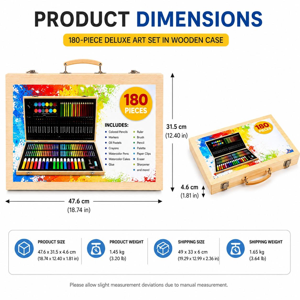 180-Piece Wooden Art Set, Dual-Layer Wood Box, Non-Toxic Washable, DIY Tools for Kids, School Art Supplies, Birthday Gift Box