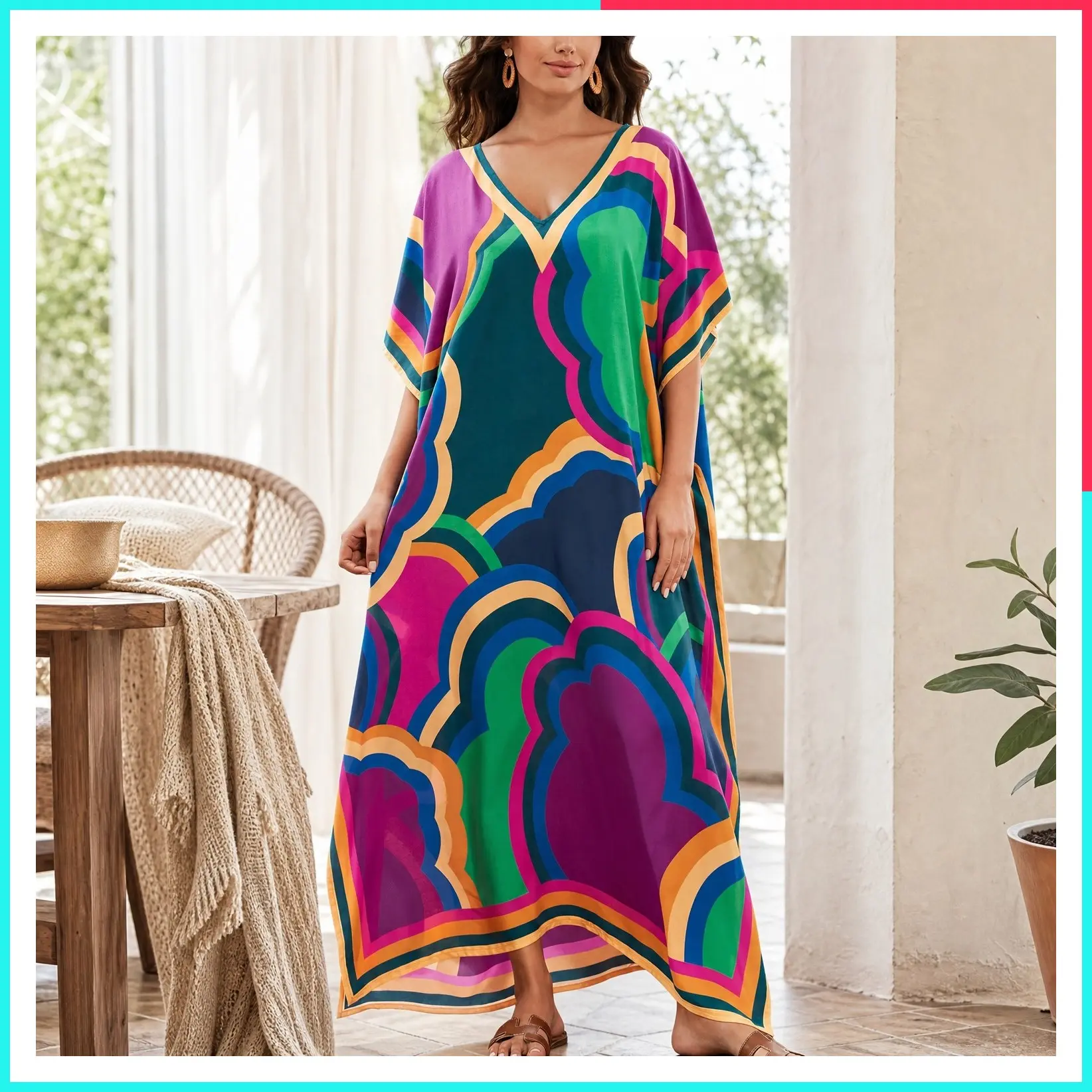 Women's Plus Size Loose Fit Moroccan Print V-Neck Batwing Kaftan Beach Dress Bathing Suit Cover Up