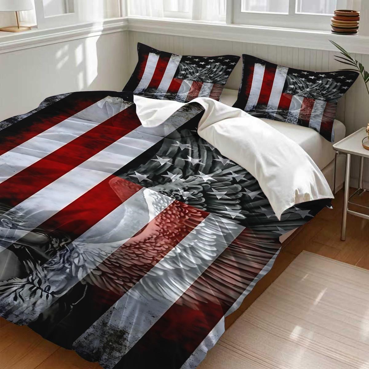 2/3 Piece Patriotic Themed Bedding Set: Eagle And American Flag Print Duvet Set, Duvet Cover Sets, Soft And Breathable, Easy Maintenance, 1 Duvet Cover+1/2 Pillowcase, No Padding/Zipper Closure, Bedroom Decoration Bedding