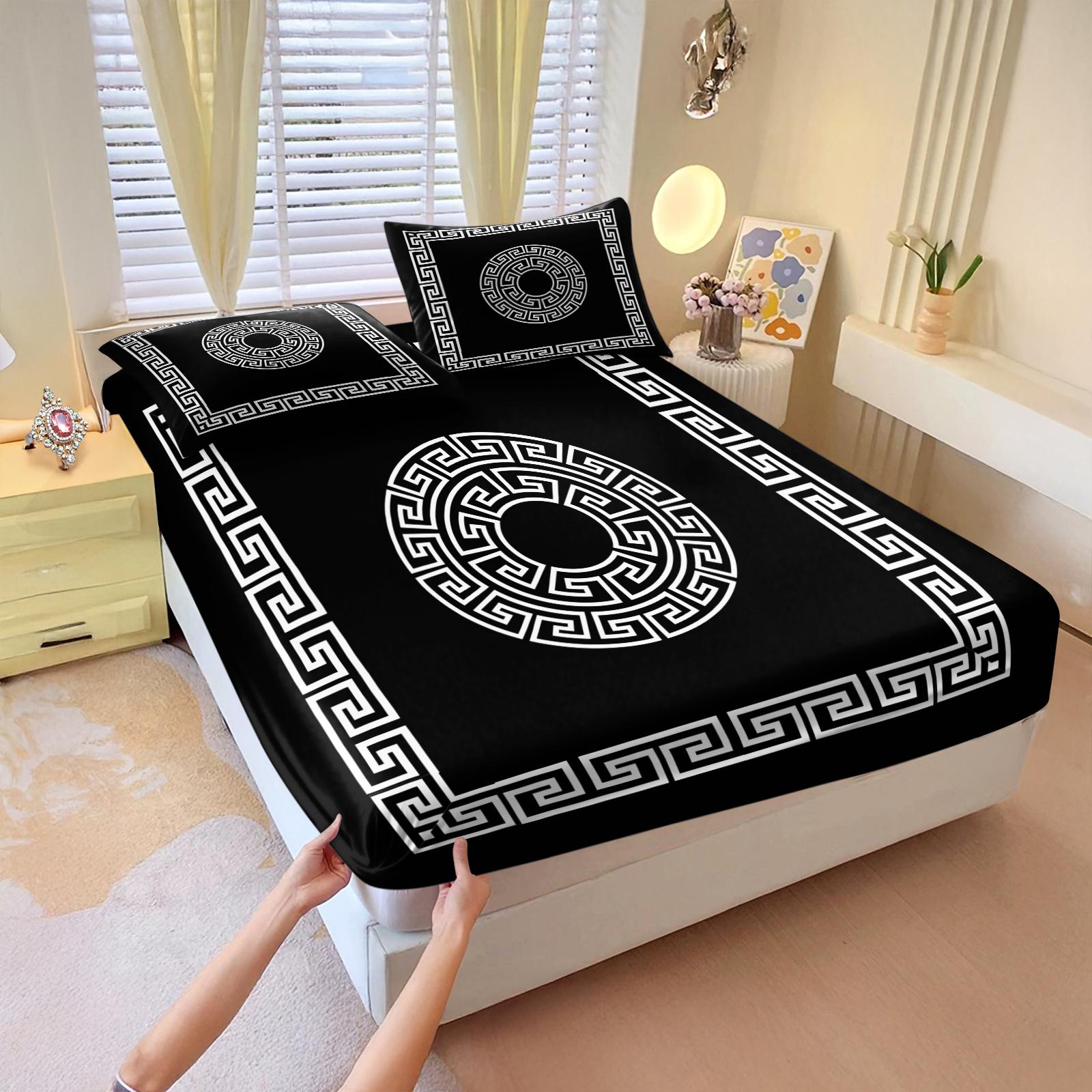 3 Pcs Solid Color Geometric Pattern Fitted Sheet Set,Includes 1 Fitted Sheet & 2 Pillowcases without Filler,Minimalist style, vintage and sophisticated look, soft and comfortable, Soft Bedding Sheet,Suitable for all seasons,Multiple styles available.