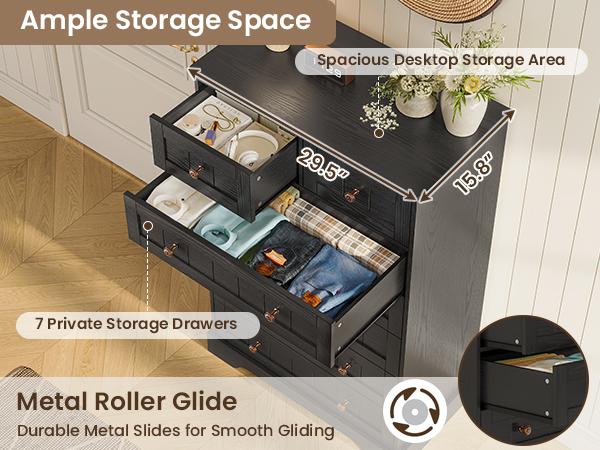 Hasuit | 51.4 Inch Tall Dresser Farmhouse 7 Drawers Dresser with Hand Carved Panel Dressers Chest of Drawers Large Wood Closet Storage Organizers