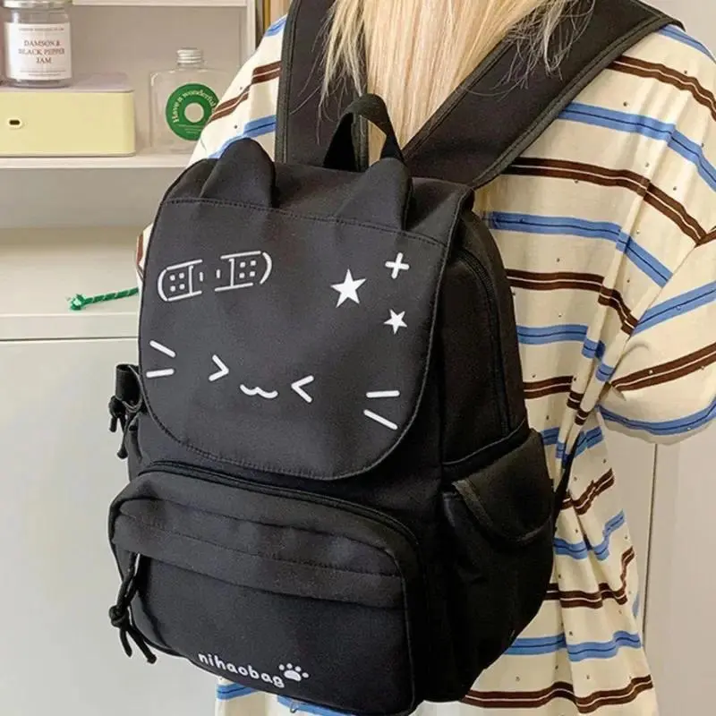 Kawaii Cat Backpack with Cartoon Emojied Print, Large Capacity Bookbag for Teen Girls, Detachable Small Bag for School or Travel