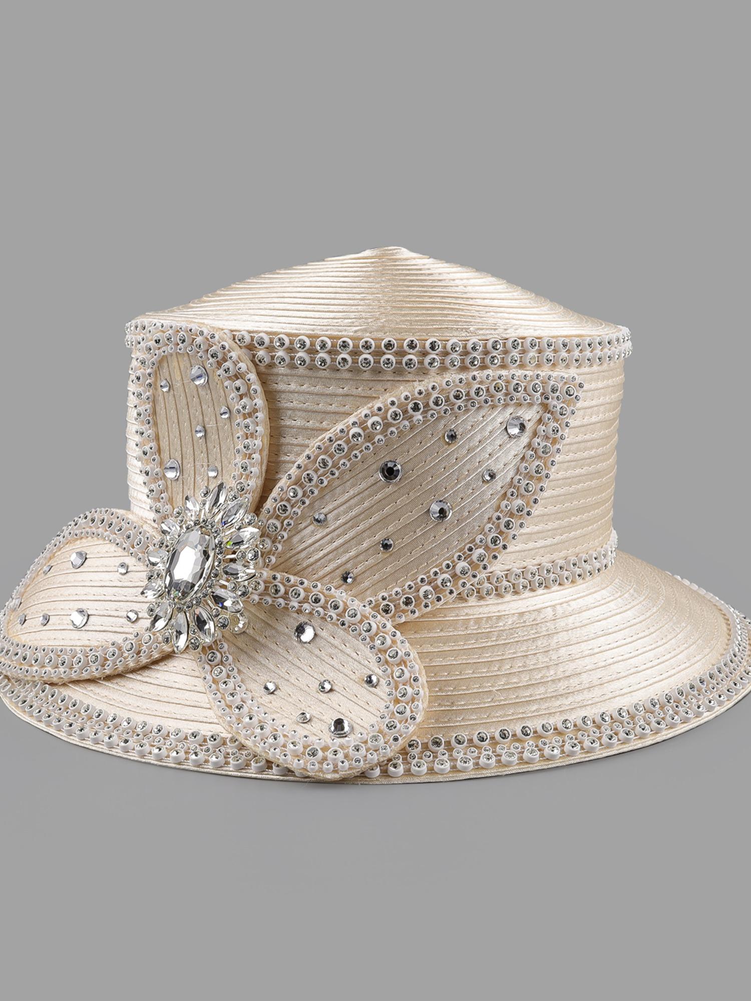 Elegant Women's Church Hat, Vintage Satin Rhinestone Bridal Hat, Party Tea Derby Hat, Sun Protection Wide Brim Hat, Sunday Church Hat