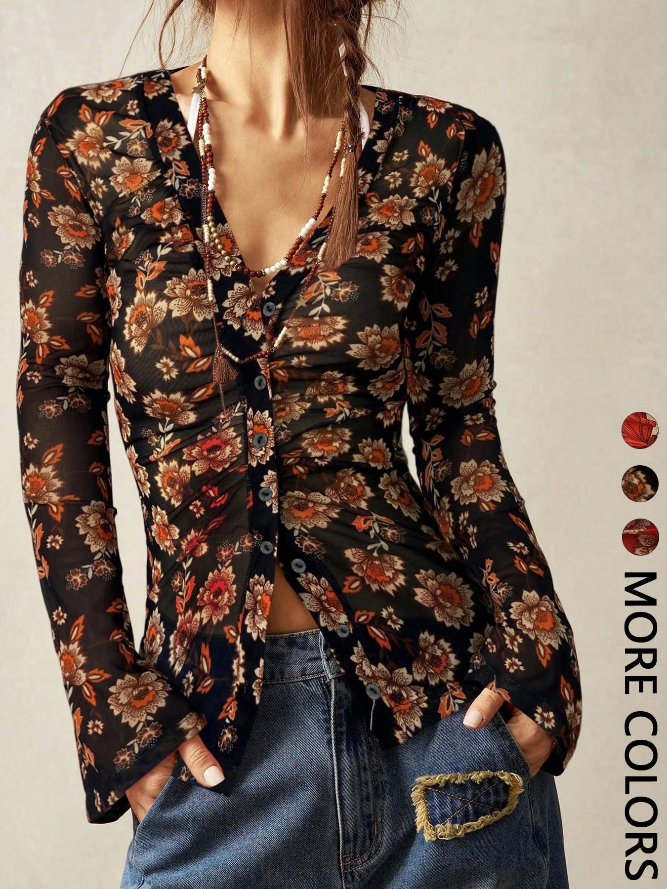 Boho Vintage V-Neck Flared Sleeve Blouse For Women Bohemian Style Vacation, Simple Fashion Casual Everyday Wear Boho Tops