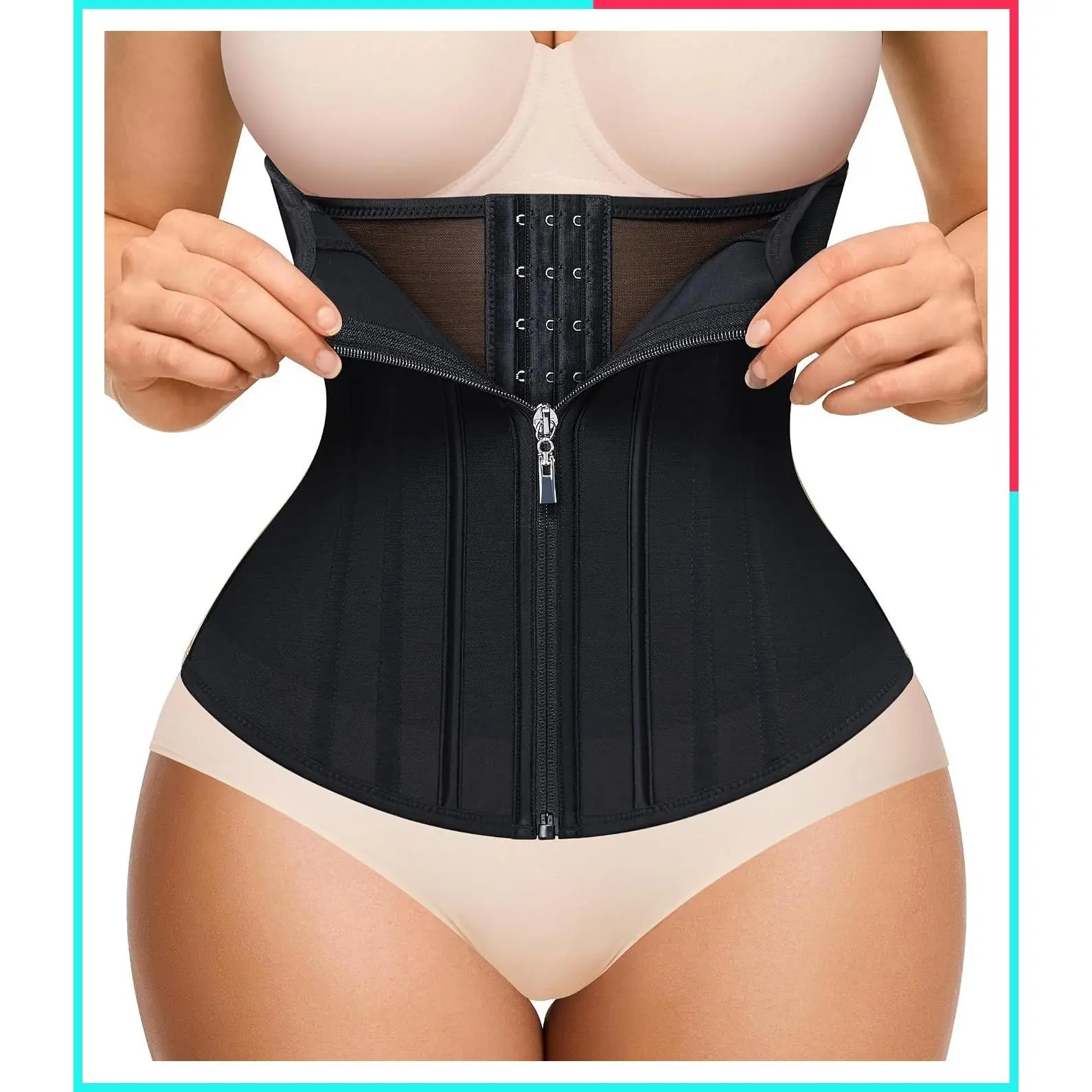 Waist Trainer for Women Zipper Corset Shapewear Faja Body Shaper | Tummy Control Waist Cincher, 11 Steel Bones for Back Support, Adjustable Hooks, Outer Zipper for Workouts and Postpartum