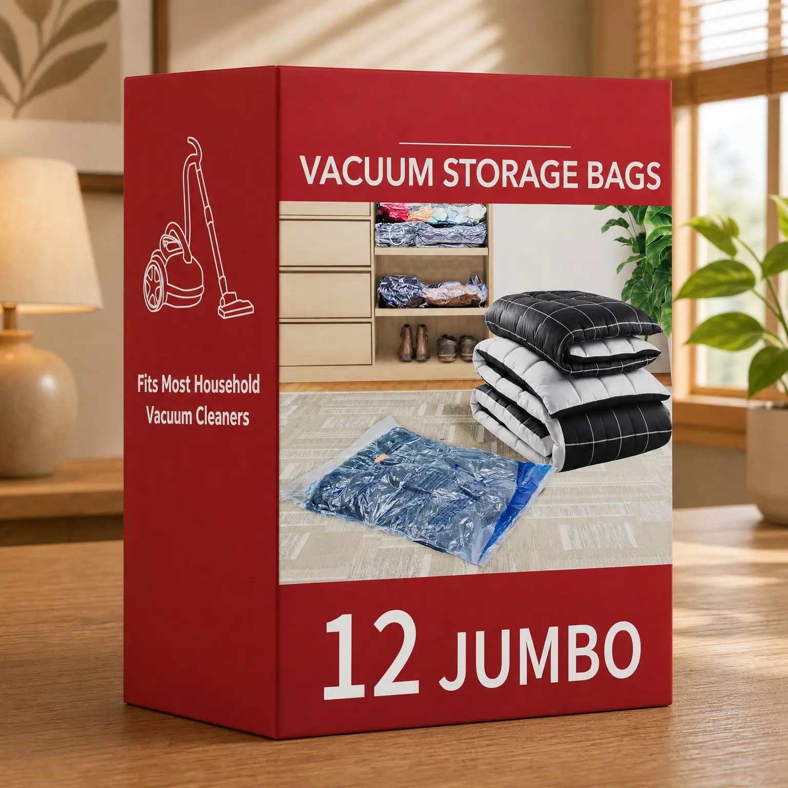 12 Jumbo Vacuum Storage Bags - Space Saver Sealer Bags for Clothing, Pillows, Comforters, Blankets, Bedding & TravelGift