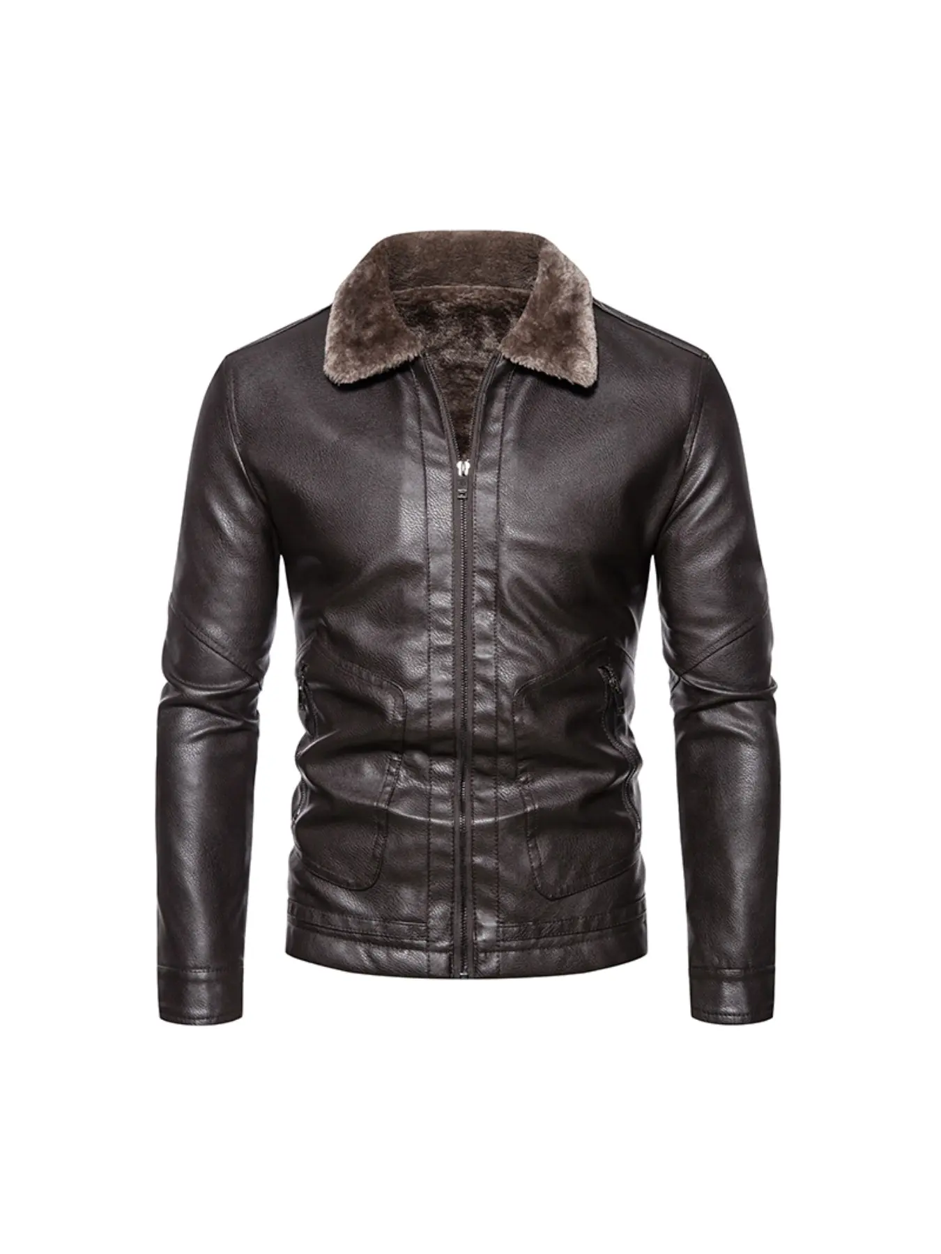 Men's Thick Fleece Lined Leather Jacket, Plush Lapel Zipper Motorcycle Style Warm Coat, Stylish Winter Outerwear for Men