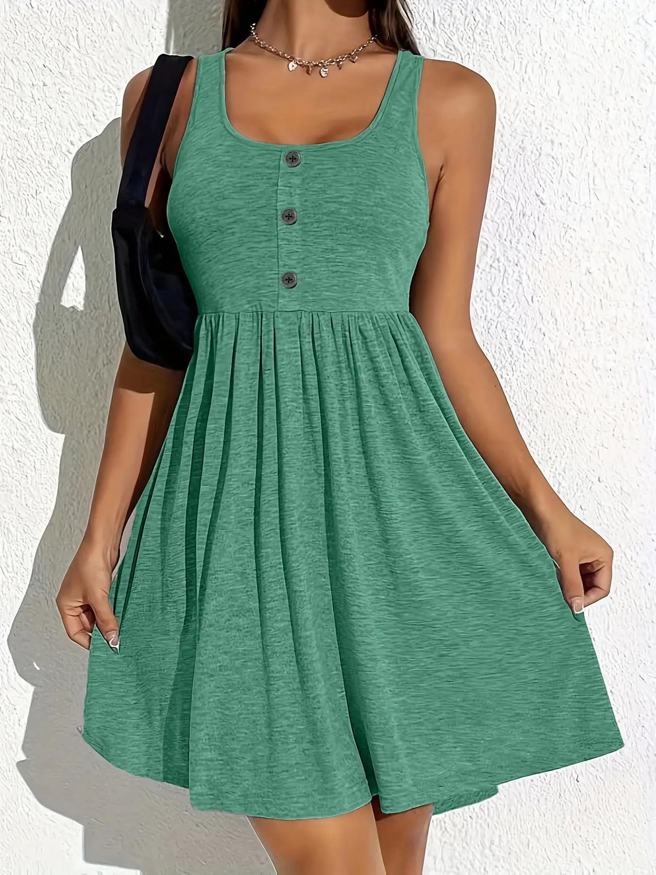 Plus Size Plain Fake Buttons Scoop Neck Fitted Stretchy Jersey Tank Dress, Casual Sleeveless A Line Feminine Aesthetic Dress, Summer Clothes Women, Women's Clothing, Dresses for Women, Women's Clothes for Daily Wear, Plus Size Women's Clothing, Womenswear Plus Size Plain Fake Buttons Scoop Neck Fitted Stretchy Jersey Tank Dress, Casual Sleeveless A Line Feminine Aesthetic Dress, Summer Clothes Women, Women's Clothing, Dresses for Women, Women's Clothes for Daily Wear, Plus Size Women's Clothing, Womenswear