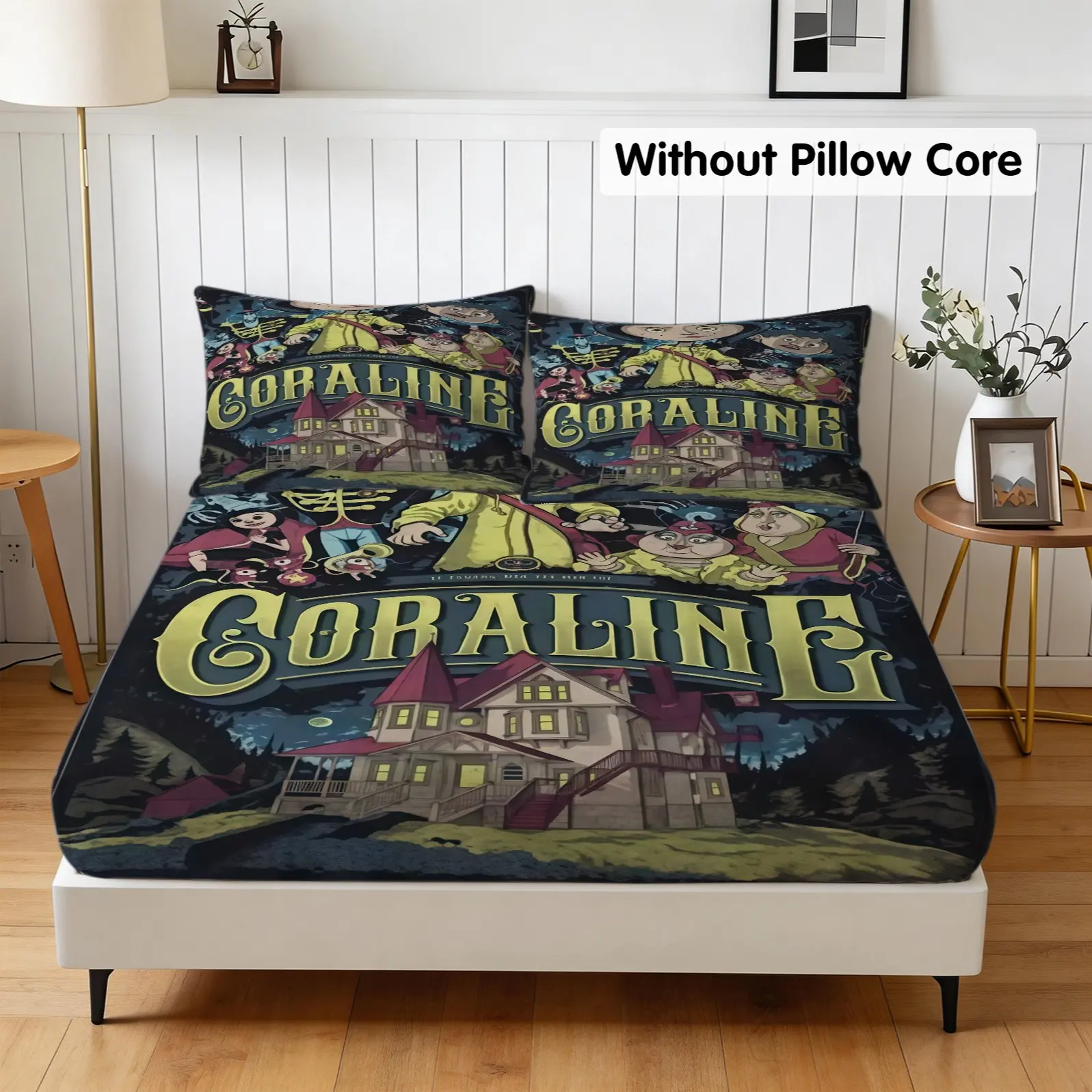Coraline Fitted Sheet Set,Bedding Set for children,Teens and Adults,Includes 1 Bed Sheet and 2 Pillowcases Excluding Pillow Insert,Non-Fading,Anti-Slip Dustproof,Bedroom and Guest Room Use