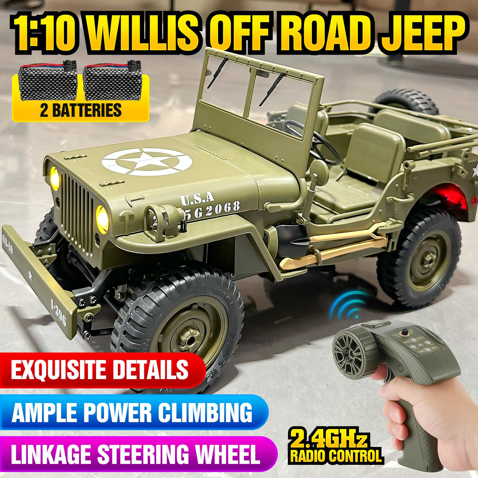 Willys RC Off-Road Vehicle - 2 Batteries, Professional Full-Size Proportional Transmission, Alloy Chassis, Steering Linkage, Multi-Mode Lights, Optional Body Tarp & Electric Winch Compatibility (All-Terrain Outdoor Climbing Toy Car) Rc Model Car Remote Co