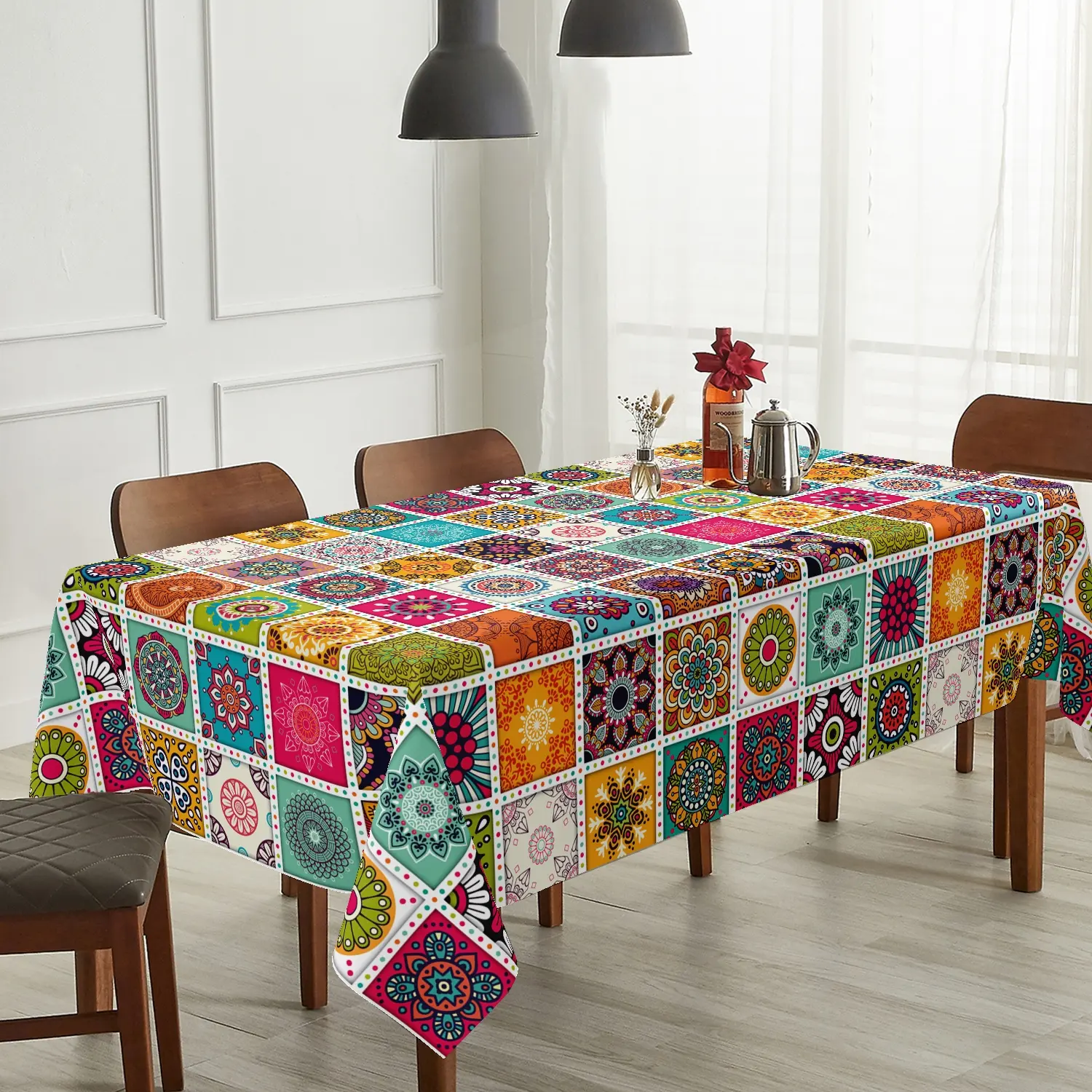 Vibrant Multi-Color Boho Floral Medallion Tablecloth | Eclectic Patchwork Geometric Pattern | Maximalist Moroccan Style Table Cover for Kitchen Dining Room & Party Decor | Round & Rectangle