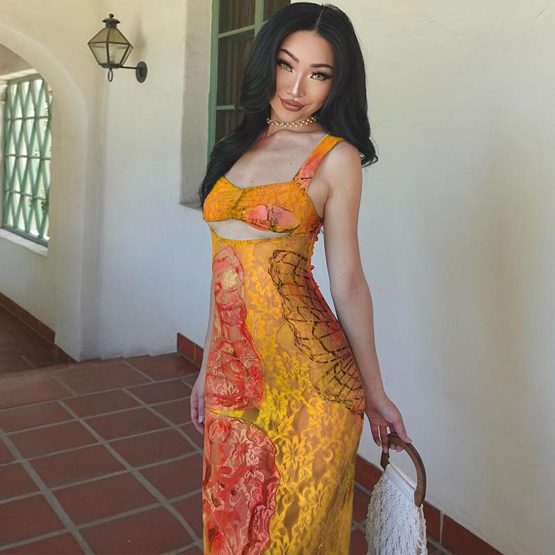 Sexy Mesh Print Sheer Sleeveless Dress Women's 2025 Summer Vacation Holiday New V Neck Bodycon Slim Casual Elegant Dress for Party Club Maxi Dresses