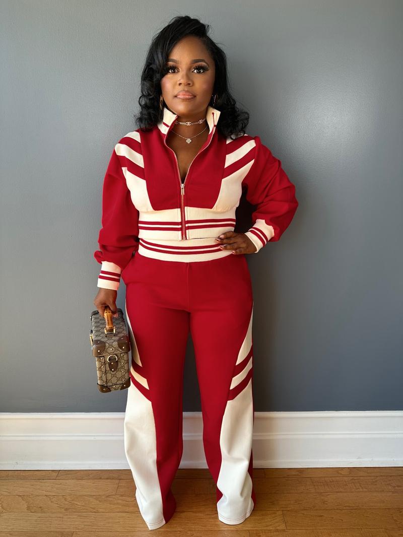 Women's Colorblock Print Zip Up Crop Jacket & Pants Two-piece Set, Casual Matching Set, Casual Fashion Cozy Breathable Two Piece Outfits for Daily Outdoor Wear, Women Clothes for Fall & Winter