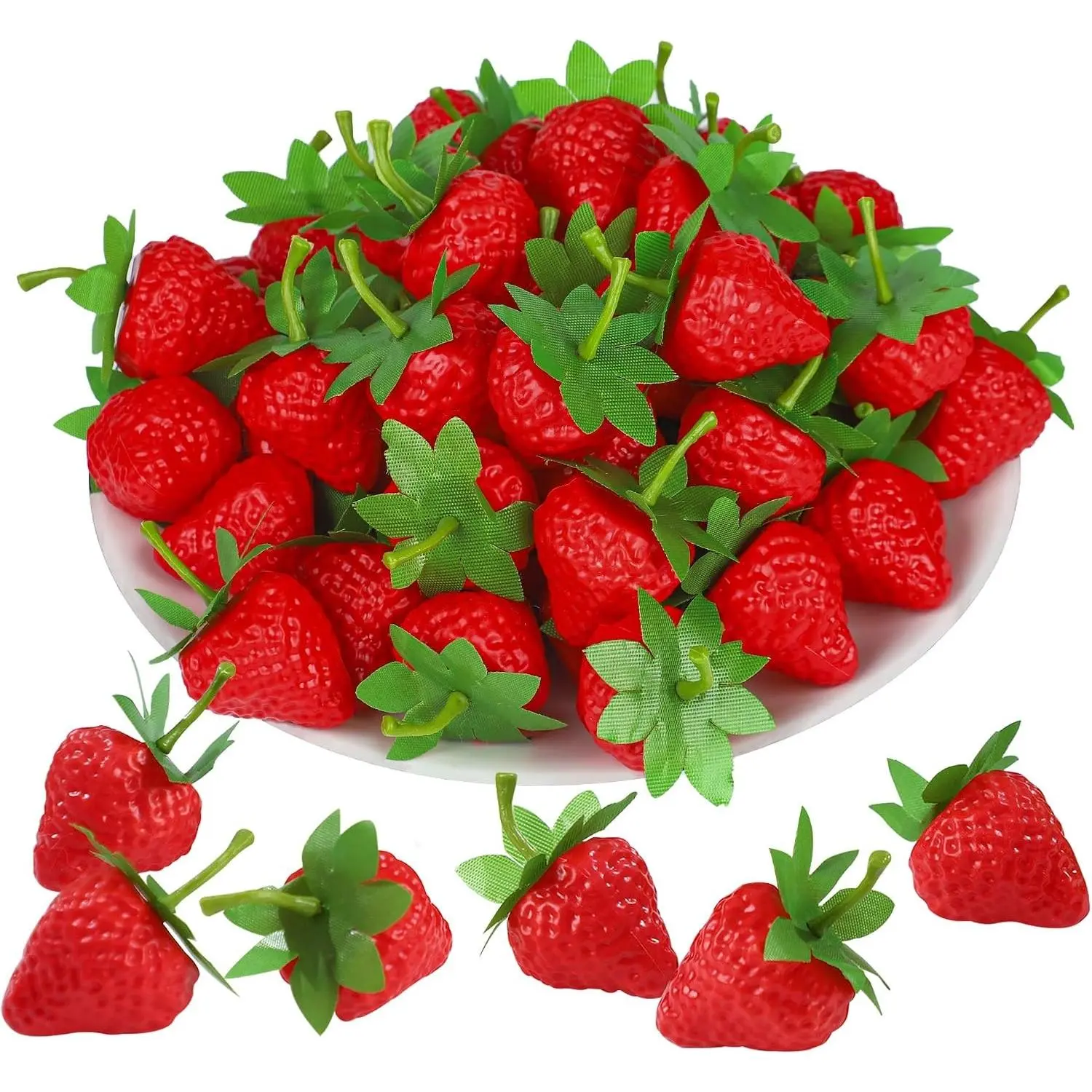50 PCS Artificial Red Strawberries Fake Plastic Strawberry Faux Realistic Strawberry Decor Lifelike Decorative Red Strawberries for Home Kitchen Festival Party Photography Cake Decoration