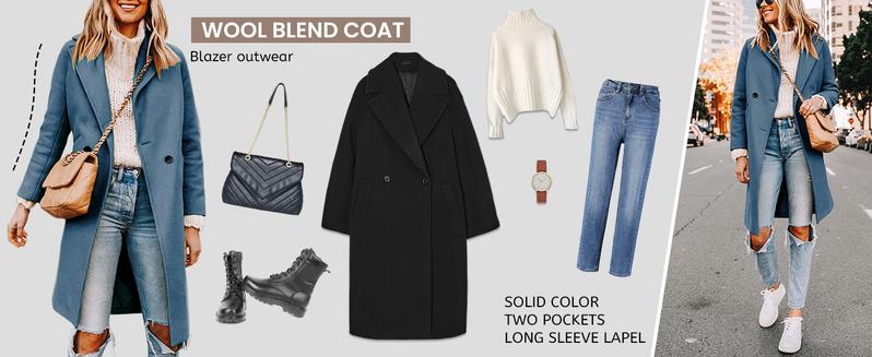 SCUSTY Women's Winter Notch Lapel Double Breasted Wool Blend Mid Long Pea Trench Coat