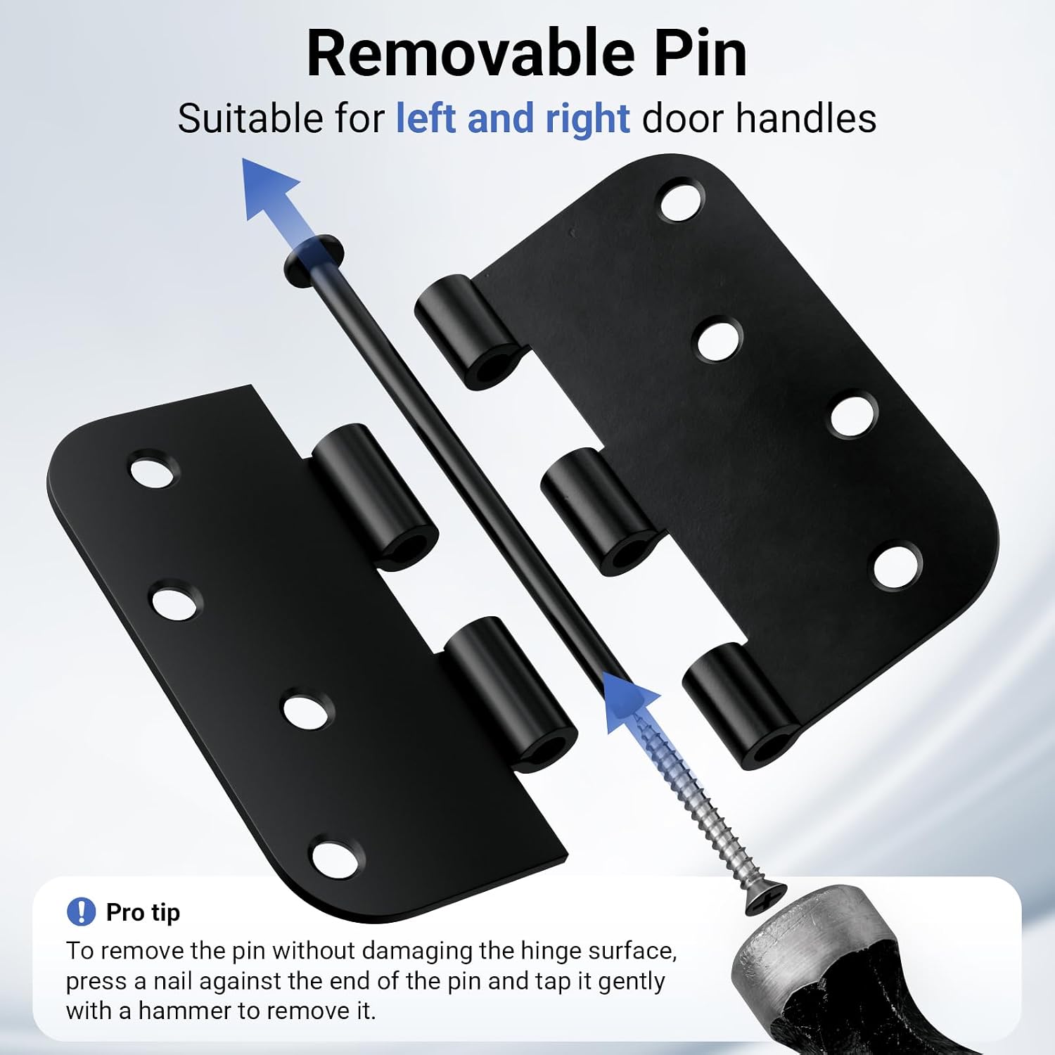 3 Pack 4 Inches Heavy Duty Solid Iron Door Hinges, Matte Black Corrosion Resistant Interior/Exterior Hinges with 5/8" Radius Corner, Removable Pin for Front Door, Garage