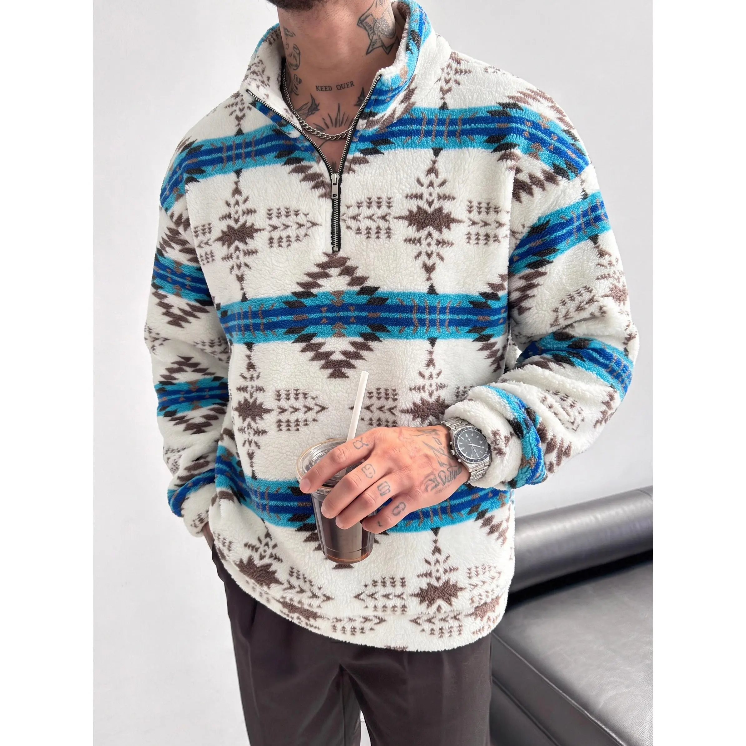 Elevate your mensfashion wardrobe with this cozy half‑zip fleece top decorated with vintage southwest‑inspired patterns, loose tailored silhouette offers great comfort for everyday outings and street‑style matching.