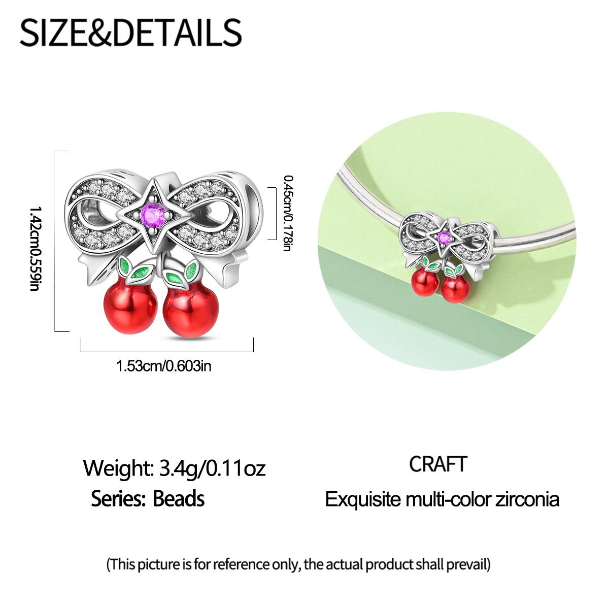 Cherry Bow Charm with Star Gem, Fruit & Leaf Enamel, Cute Girly Jewelry for Pandora Bracelet, Elegant Accessory