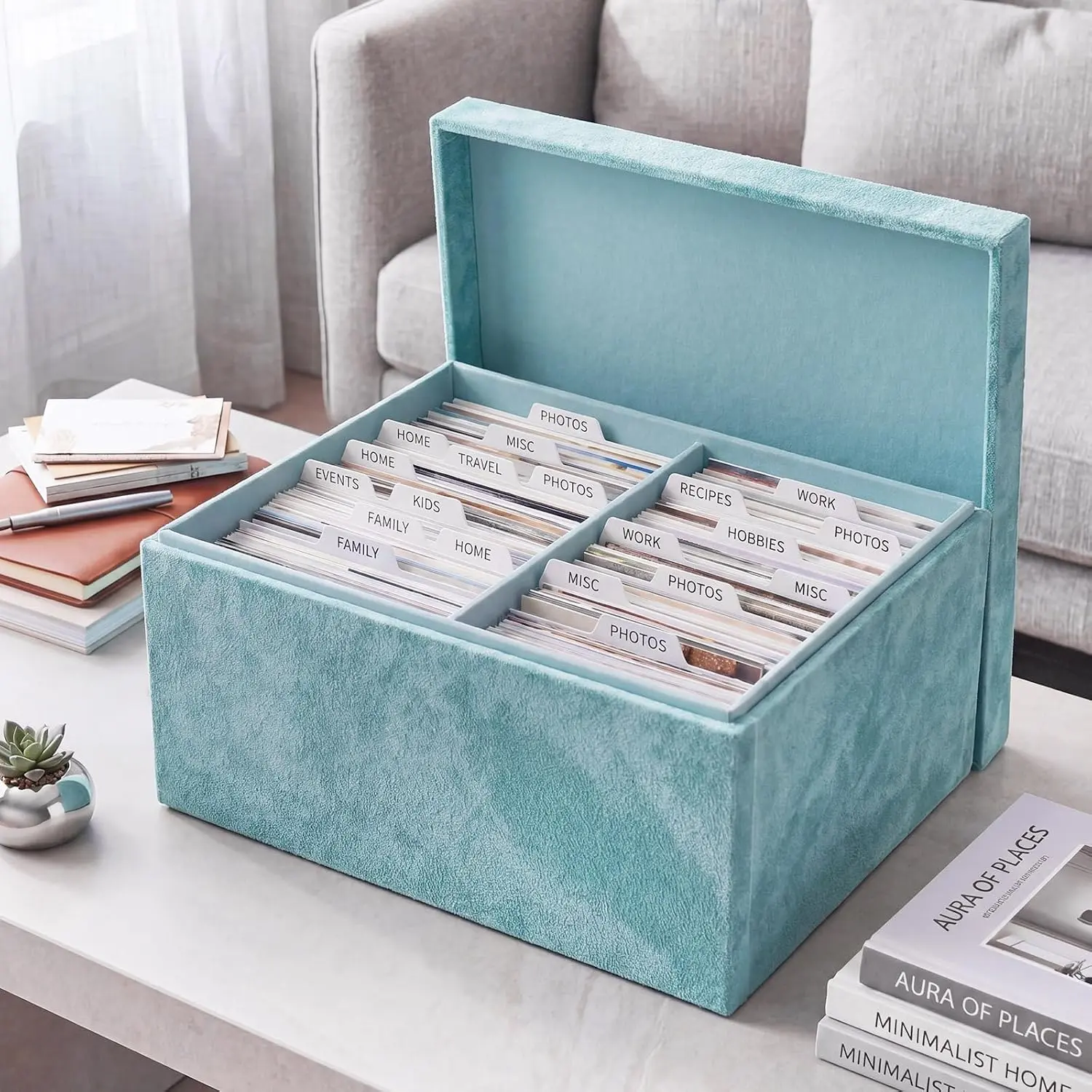 SiliFine Velvet Decorative Photo Storage Box, Photo Organizer with Dividers and Labels to Store Up to 1700 4x6 inch Photos, Portable Scrapbook Storage Containers with Lid for Family Wedding Cards (Cyan)