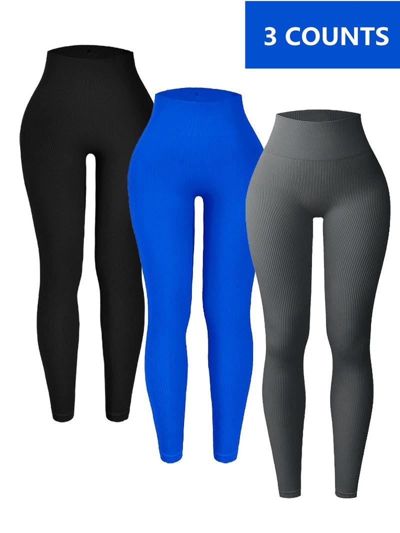 Women's Solid High Waist Leggings, Sporty Comfy Breathable Ribbed Skinny Pants for Yoga Gym Workout, Ladies Sportswear for All Seasons