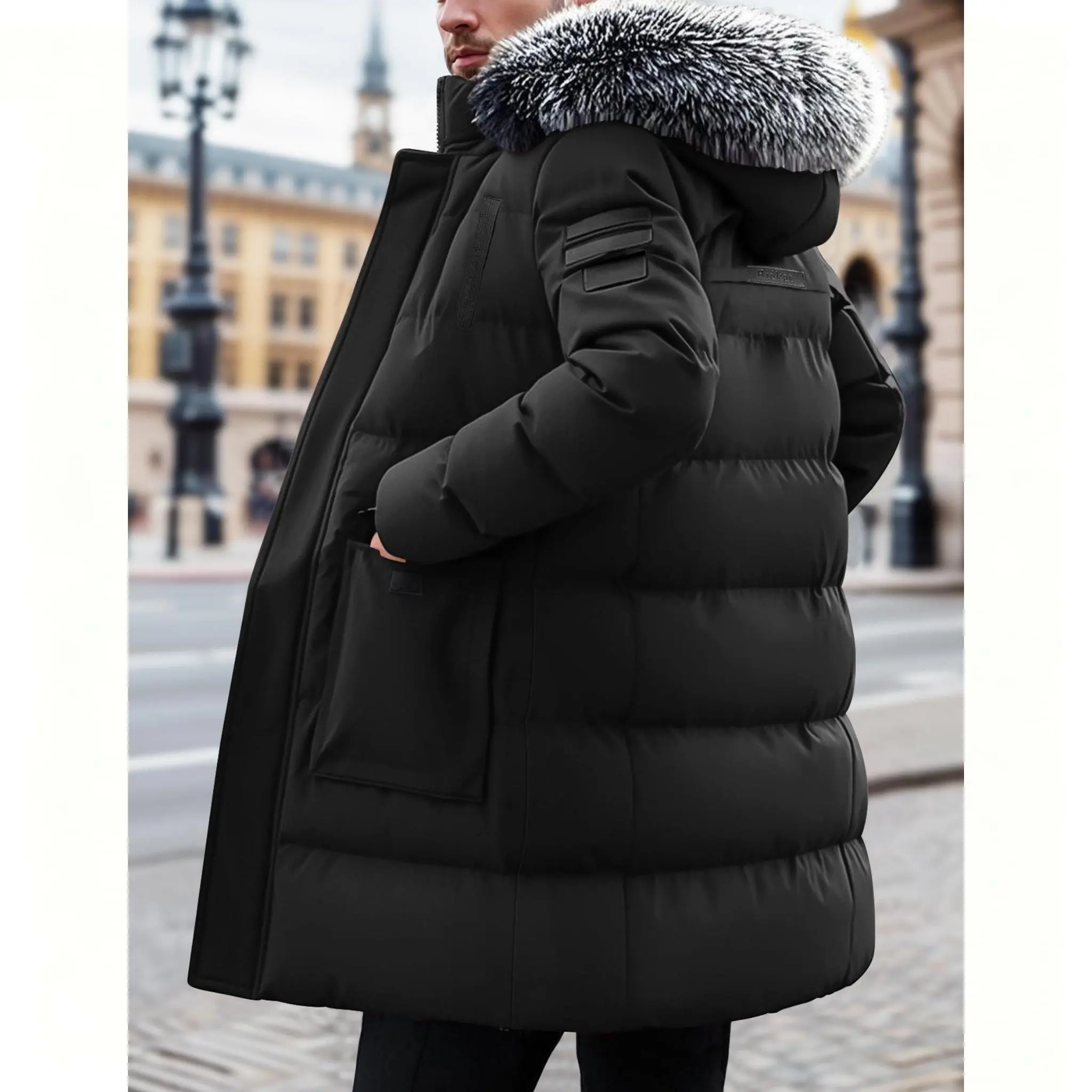 Men's Winter Heavy-duty Long Parka Coat, Thick and Warm Insulation, Detachable Faux Fur Hood Pocket with Large Pocket, Suitable for Skiing and Commuting