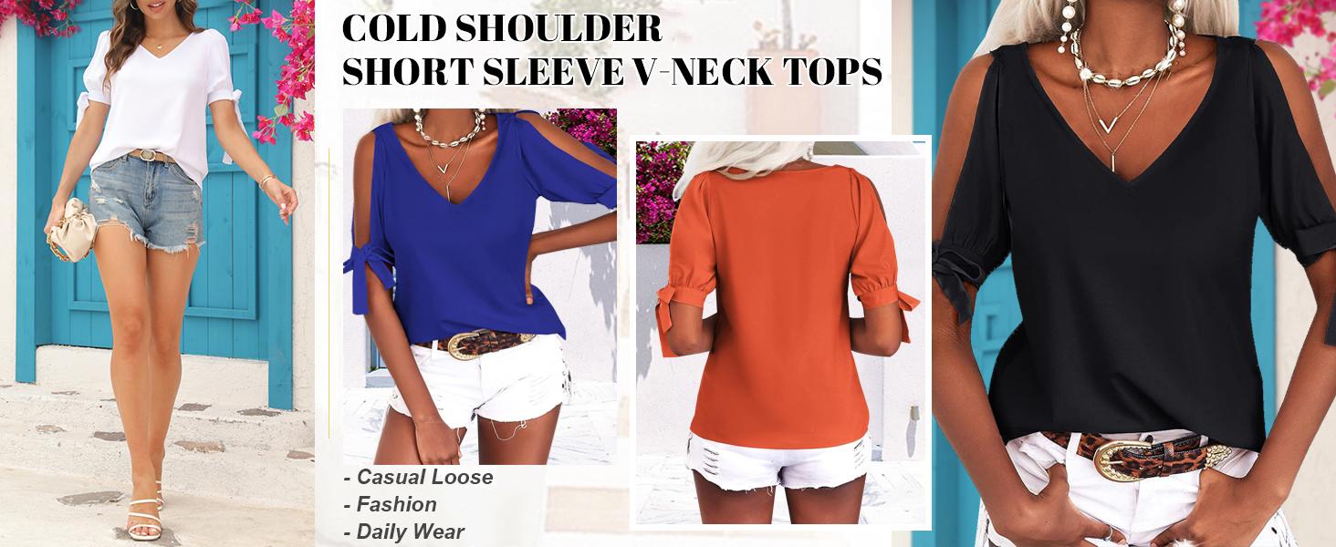 Danedvi Women's Cold Shoulder Tops Short Sleeve V-Neck Casual Loose Cutout Summer Fashion Tshirts Blouse Shirts