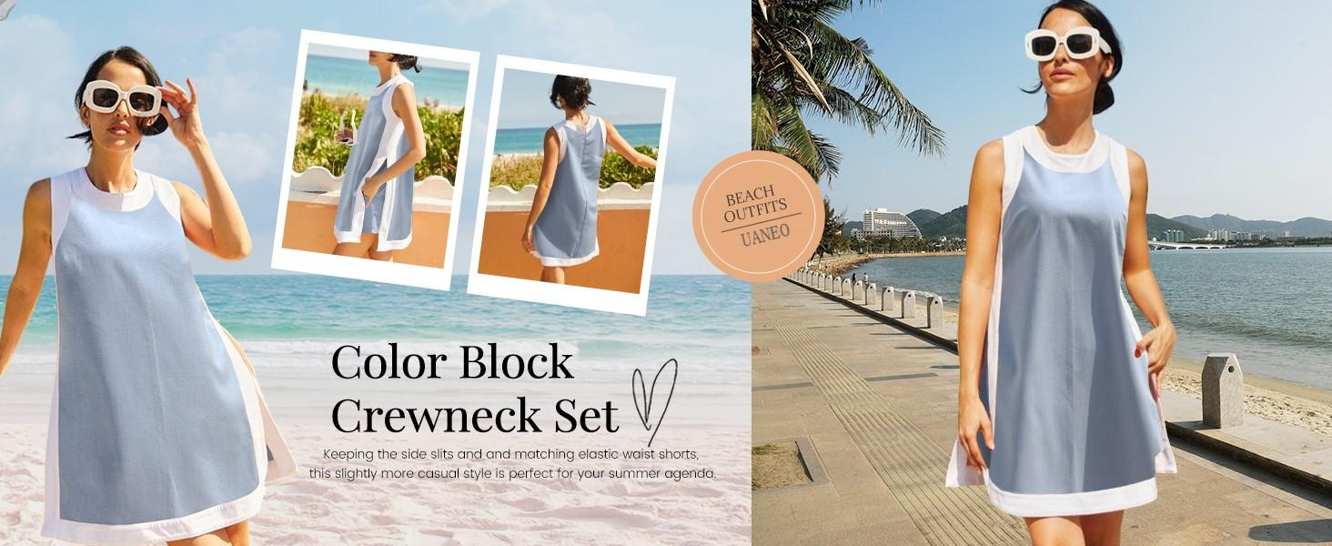 UANEO Women's Casual Two Piece Sets Color Block Crewneck Short Sleeve Pullover Tops Matching Shorts with Pockets