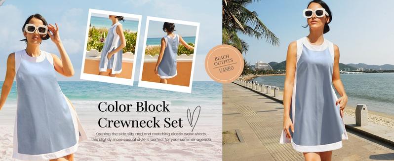 UANEO Women's Casual Two Piece Sets Color Block Crewneck Short Sleeve Pullover Tops Matching Shorts with Pockets