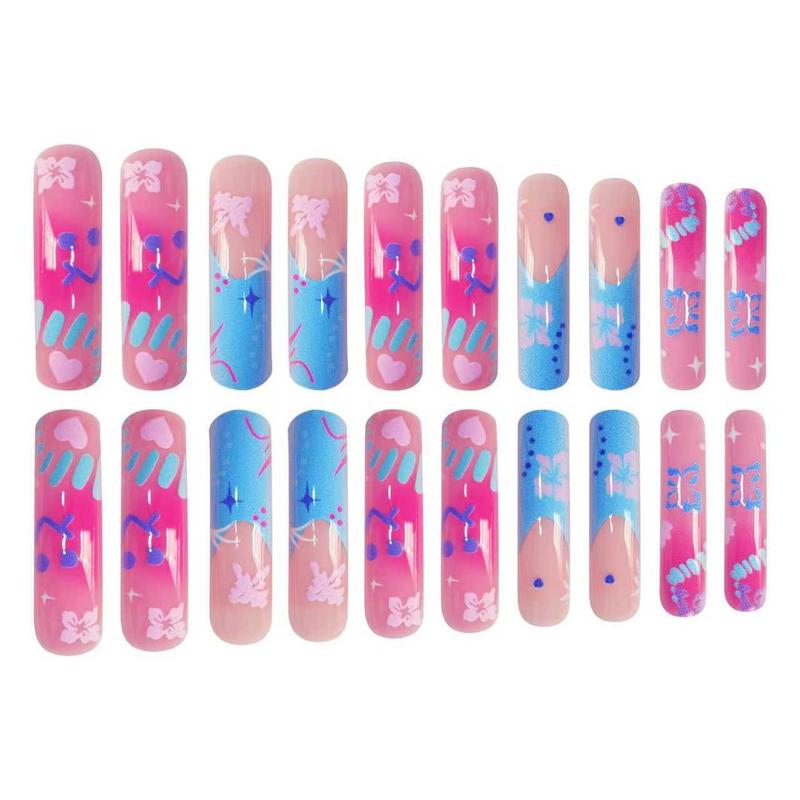 20-Piece Medium Length Press-On Nails Set, Sweet Blue Floral Design with Glossy Finish, Easy to Wear Curved Shape Nail Art for Girls