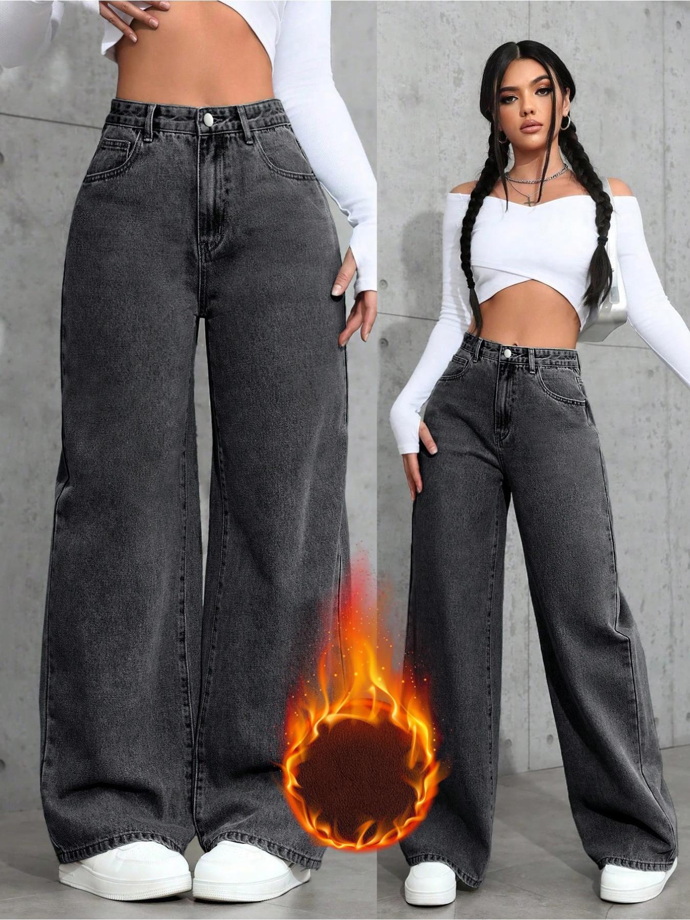 Women's Plain Fleece-Lined Thick Jeans for Fall & Winter, Fashion Woven Fabric Straight Fit Denim Pants, High Rise Jeans