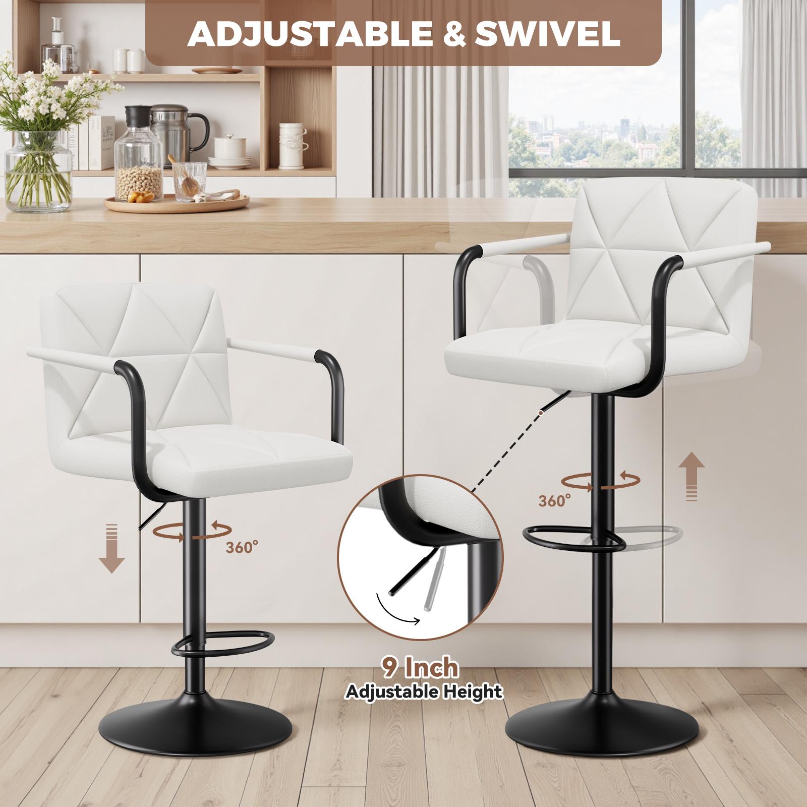 Set of 2 Barstools, Adjustable Height 25.5-34.5 IN with Back & Arms, Swivel PU Leather Upholstered Counter Height Bar Chairs