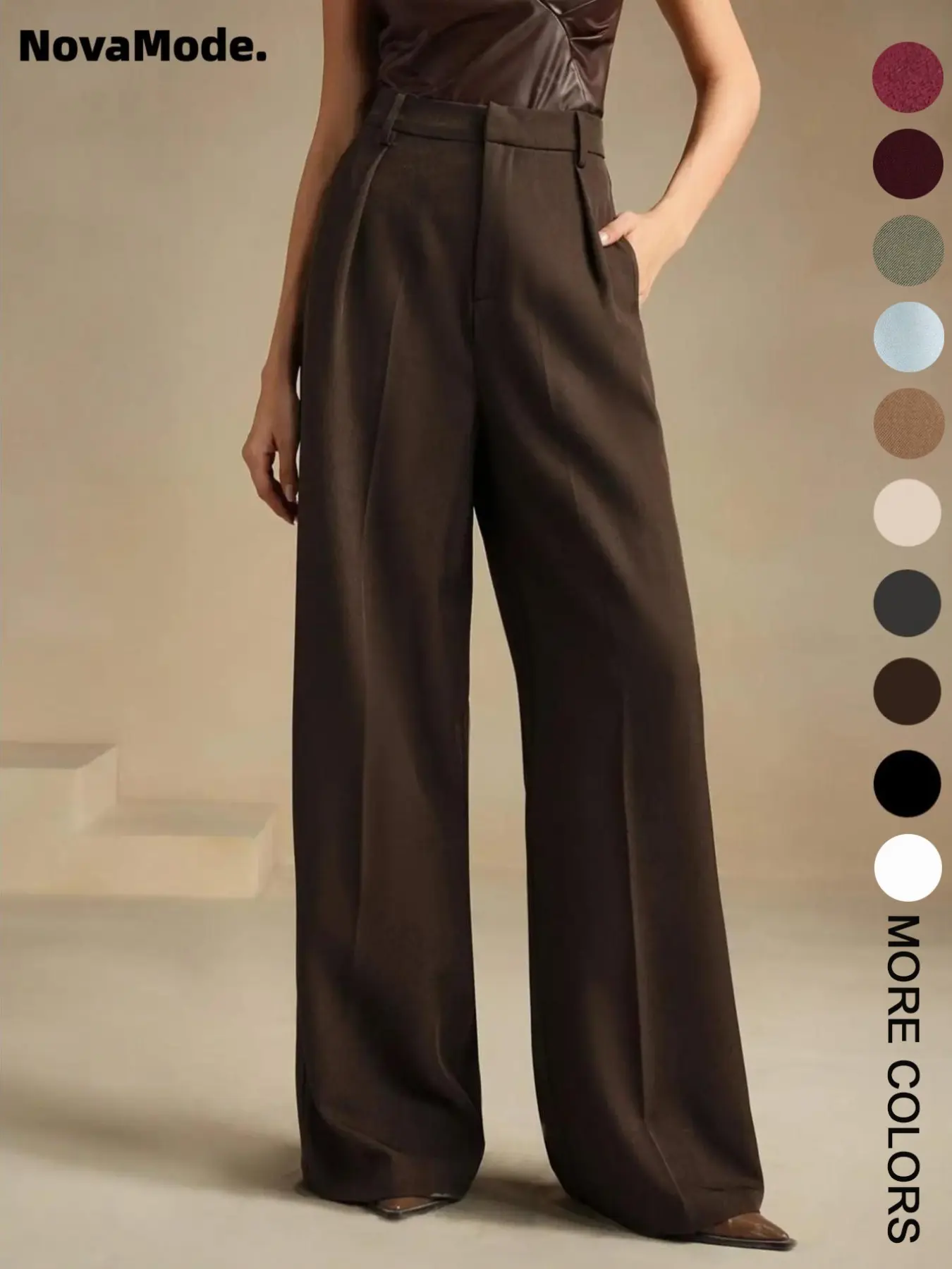 Women's Solid Color Wide Leg Pants, Elegant Fashion Casual Trousers for Work Office Business, Ladies Bottoms for All Seasons
