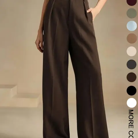 Women's Solid Color Wide Leg Loose Pants, Elegant Fashion Casual Trousers for Work Office Business, Ladies Bottoms for All Seasons