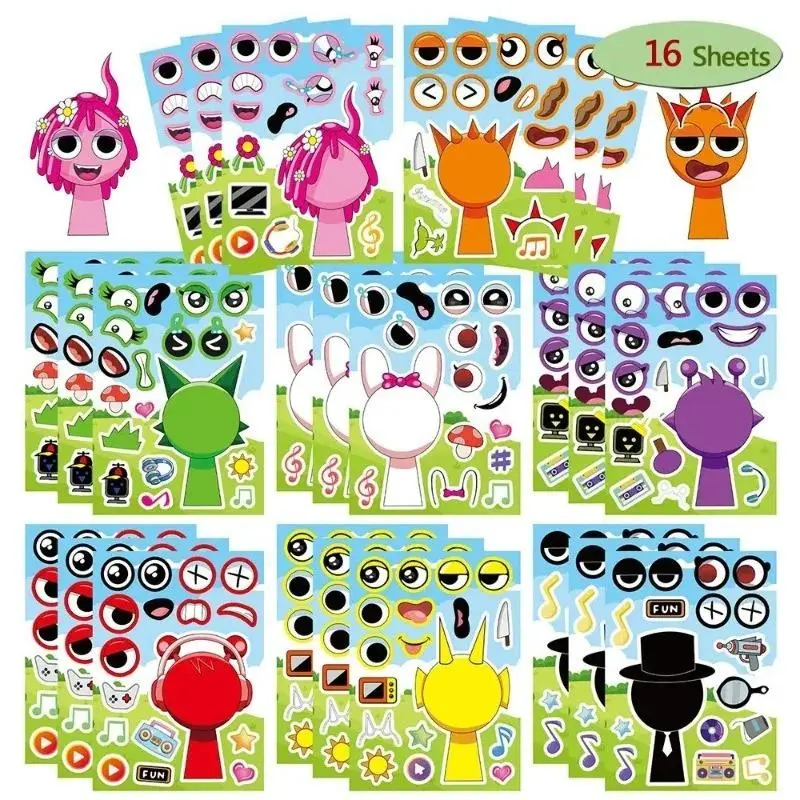 16 sheets Incredibox Sprunki Sticker DIY Make Puzzle Sticker Kids Toys Party Favor Gifts