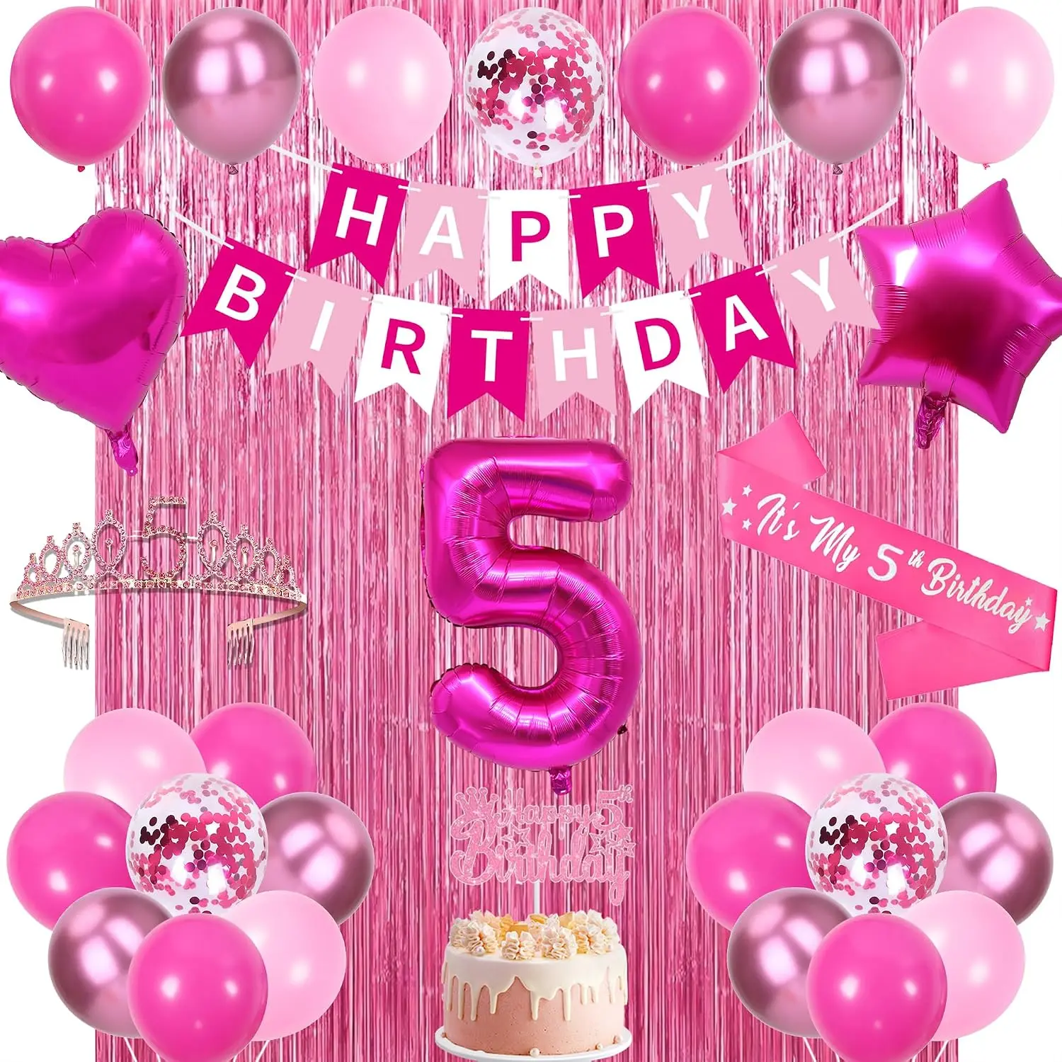 Rose Hot Pink 5th Birthday Decorations Set for Girls - Festive Home & Party Supplies Kit with Banner, Sash, Crown, Cake Topper, 5-Number Balloon, Fringe Curtains, Aluminium Accents, Ideal for Party Gifting